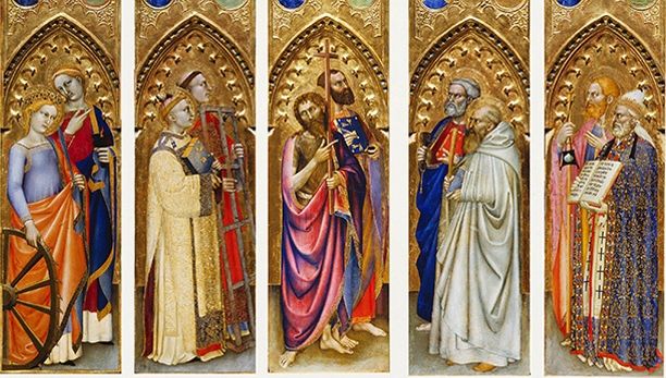 UffiziGalleries's tweet image. #1novembre Il Polittico di #Ognissanti di Giovanni da Milano del 1360c. rappresenta una processione di Santi che in origine circondavano un'Incoronazione della Vergine al centro. I Santi si distinguono per una straordinaria ricchezza di dettagli negli abiti e nelle espressioni.