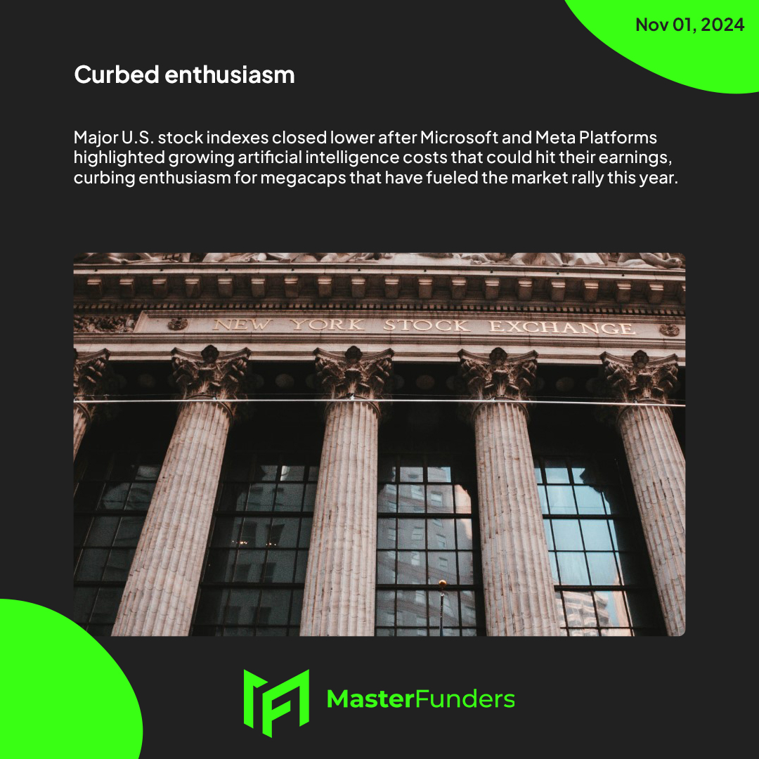 masterfunders's tweet photo. ๐ Wall Street closes lower as Meta and Microsoft highlight rising AI costs, curbing investor enthusiasm for megacap stocks.
#WallStreet #Stocks #AI #Meta #Microsoft #MarketUpdate #Masterfunders https://t.co/weavakaaYB