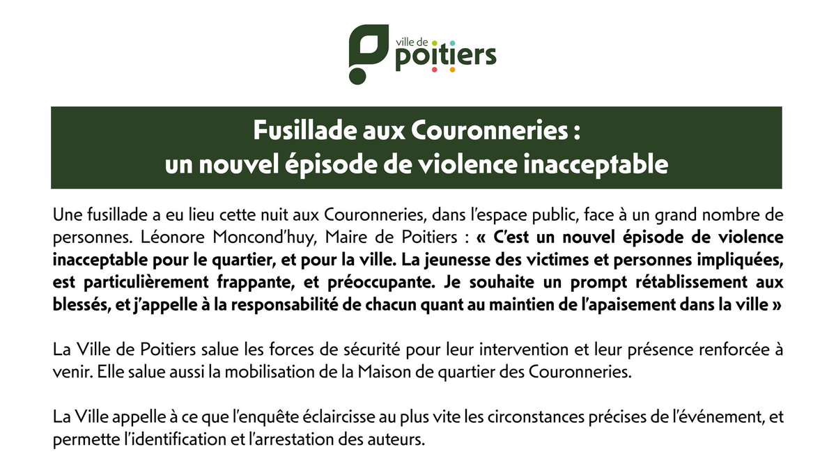 Fusillade à #Poitiers : un nouvel épisode de violence inacceptable. La jeunesse des personnes impliquées est particulièrement préoccupante. J’appelle à la responsabilité de tous pour le maintien de l’apaisement dans la ville, et salue la présence renforcée des forces de sécurité.