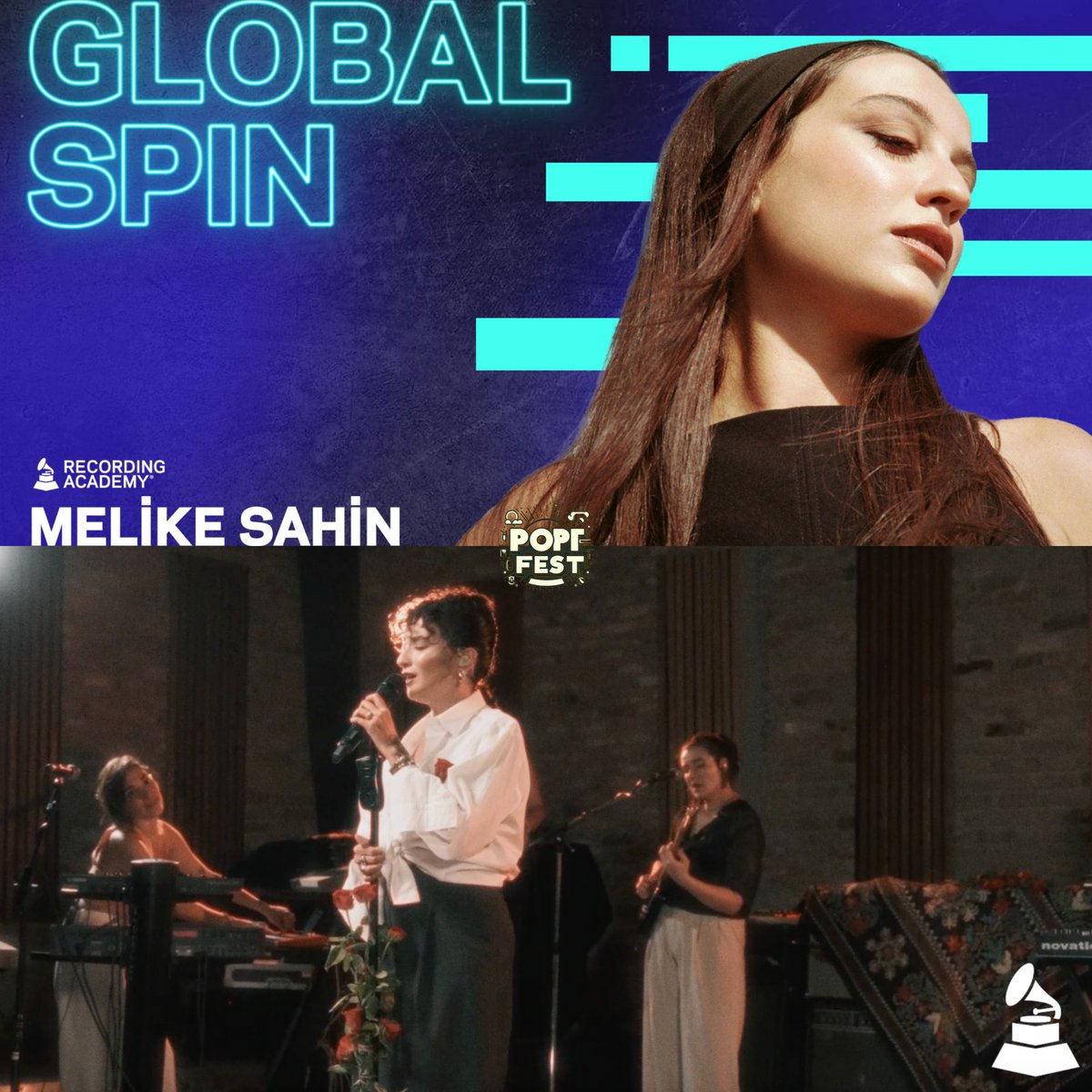 PopFestTR's tweet photo. GRAMMYs'in dünya çapında sanatçılara yer verdiği Global Spin serisinde Melike Şahin, ‘Ortak’ şarkısını seslendirerek buraya katılan ilk Türk sanatçı oldu. https://t.co/VAvl9iU1OW