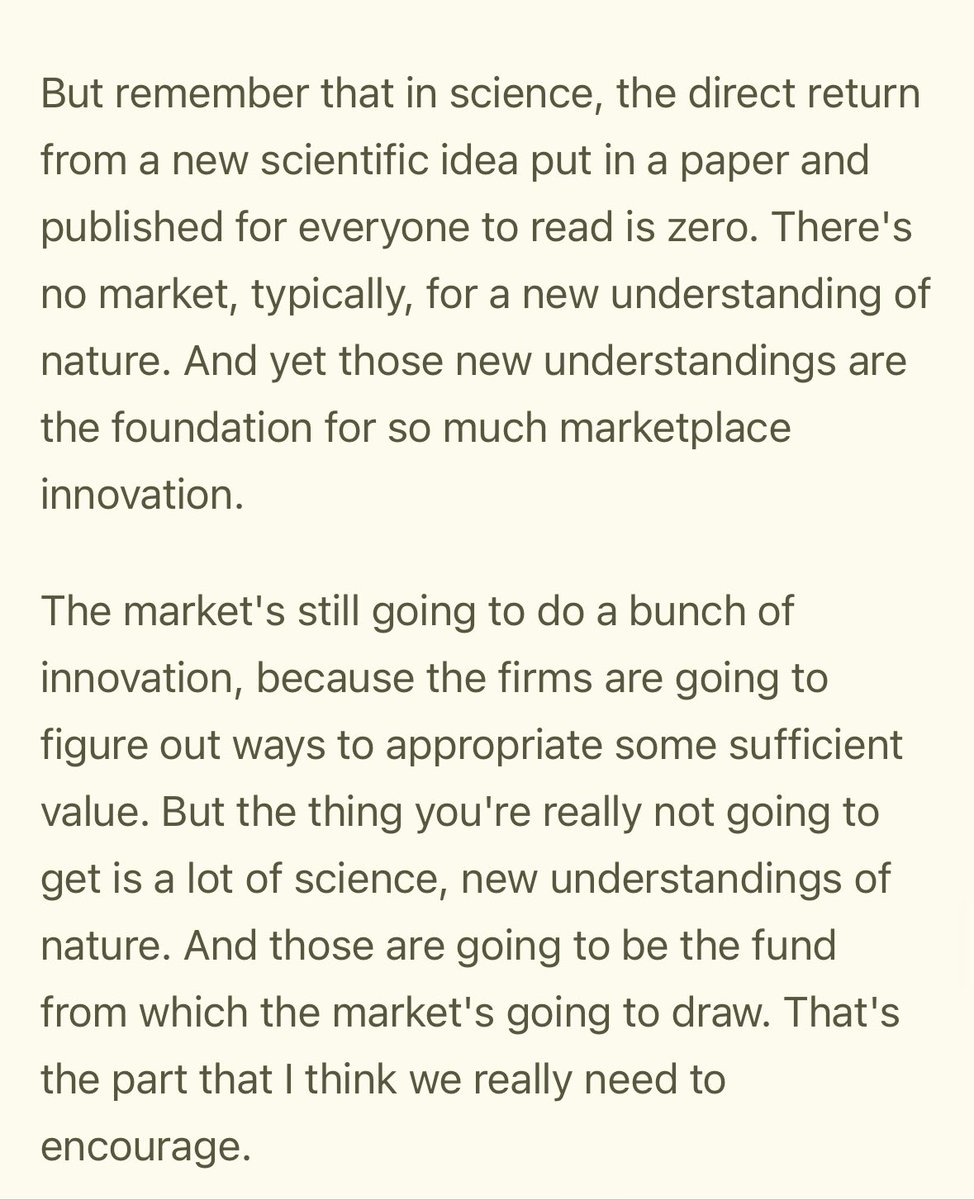 Enjoyed this, and especially the points in support of public R&amp;D funding

On basic research: “the value of an idea goes way beyond the value captured by the person who created it”

“You're stumbling around in the dark, and then someone finds something, they flip on a light