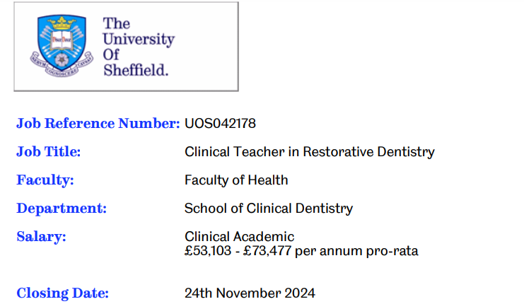 Ali Khurram (@sakhurram) on Twitter photo JOB ALERT- Clinical Teacher role in Restorative Dentistry, come join our excellent team!
Closing date- 24 Nov
Details 👇
shorturl.at/TCDFl
#sheffield #dentistry #restorativedentistry #clinicalteacher 🦷
<a href="/sheffielduni/">The University of Sheffield</a> <a href="/ShefDentistry/">School of Clinical Dentistry | Sheffield</a> JOB ALERT- Clinical Teacher role in Restorative Dentistry, come join our excellent team!
Closing date- 24 Nov
Details 👇
shorturl.at/TCDFl
#sheffield #dentistry #restorativedentistry #clinicalteacher 🦷
<a href="/sheffielduni/">The University of Sheffield</a> <a href="/ShefDentistry/">School of Clinical Dentistry | Sheffield</a>