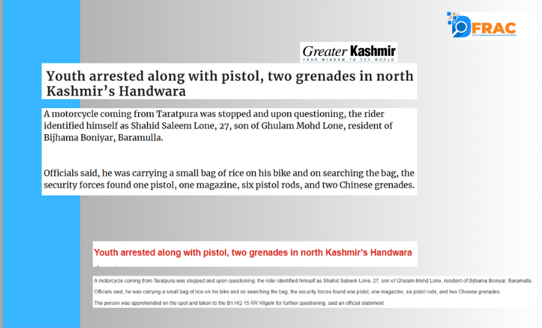 DFRAC_org's tweet photo. While investigating another claim, we came across reports from Greater Kashmir and Jammu link news. As per reports, officials on Wednesday said they arrested a youth of 27, named Shahid Saleem Lone, for allegedly transporting arms and ammunition in a bag of rice on his motorcycle in north Kashmir’s Handwara.
#conclusion
It is evident from DFRAC's fact-check that a youth in Pulwama was arrested for carrying 10 live grenades and 5 batteries whereas another youth of 27 was apprehended for allegedly transporting arms & ammunition in a bag of rice in north Kashmir’s Handwara. Hence, the claim made by Pak handles is misleading