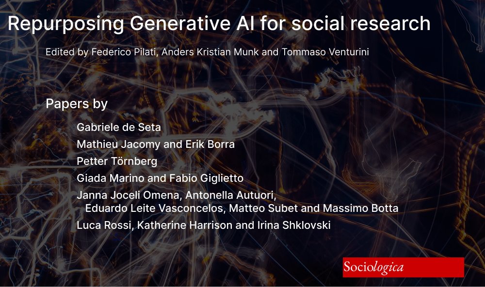 🔊New issue OUT🔊

Inside you will find a timely Symposium on "Repurposing Generative AI for Social Research" edited by Federico Pilati, Anders Kristian Munk and Tommaso Venturini.

Read the whole issue here sociologica.unibo.it/issue/view/1317 and stay tuned for more content!