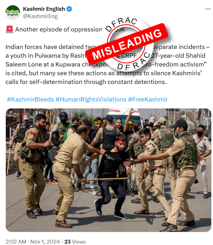 DFRAC_org's tweet photo. #factcheck: Security forces detained two youths in Kashmir. Is this an attempt to silence Kashmiris? Here are the facts
#claim: Some pak-based handles took to @X and claimed that Indian forces have detained two young Kashmiris in separate incidents – a youth in Pulwama by Rashtriya Rifles & CRPF, & 27-year-old Shahid Saleem Lone at a Kupwara checkpoint. Alleged “pro-freedom activism” is cited, but many see these actions as attempts to silence Kashmiris’ calls for self-determination through constant detentions.
#misleading #JammuAndKashmr #fakenews