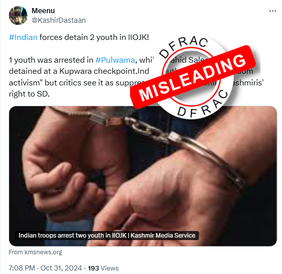 DFRAC_org's tweet photo. #factcheck: Security forces detained two youths in Kashmir. Is this an attempt to silence Kashmiris? Here are the facts
#claim: Some pak-based handles took to @X and claimed that Indian forces have detained two young Kashmiris in separate incidents – a youth in Pulwama by Rashtriya Rifles & CRPF, & 27-year-old Shahid Saleem Lone at a Kupwara checkpoint. Alleged “pro-freedom activism” is cited, but many see these actions as attempts to silence Kashmiris’ calls for self-determination through constant detentions.
#misleading #JammuAndKashmr #fakenews