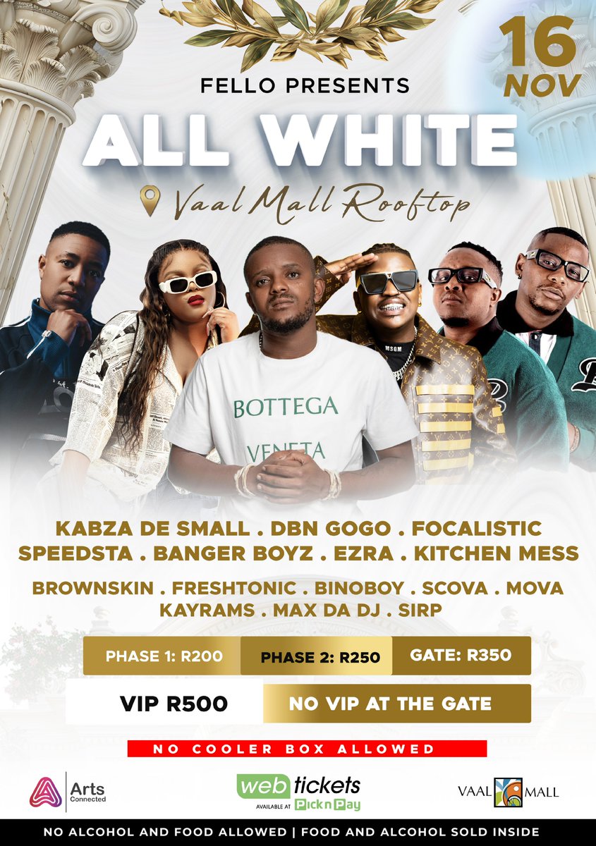 Get ready for the All White Event hosted by Fello! Join the event on the rooftop parking area for an unforgettable experience.

🗓 Date: 16 November 2024
⏰ Time: 13:00
🎟 Tickets: At Webticket and PnP.

Don't miss out on this epic day! #AllWhiteEvent #Fello
T&amp;C’s apply
