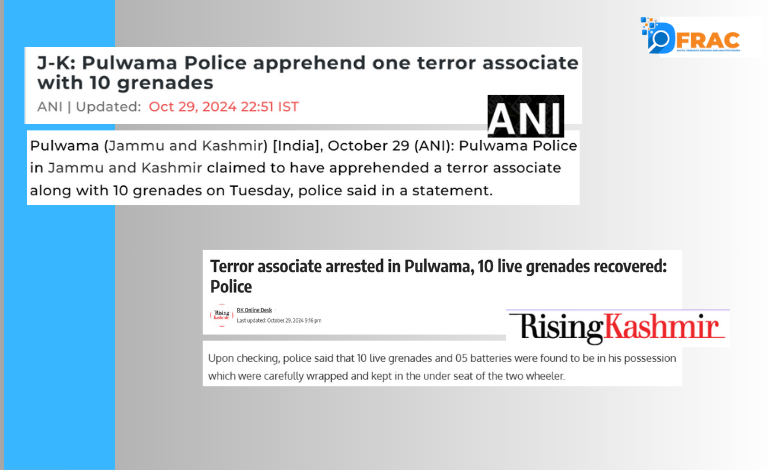 DFRAC_org's tweet photo. #factcheck 
The #DFRAC team investigated the above viral claim and found some latest reports from @RisingKashmir , @ANI  , @GreaterKashmir  and Jammu link news.
According to the reports by Rising Kashmir and ANI, Pulwama Police apprehend one terror associate with 10 grenades. Upon checking, 10 live grenades and 5 batteries were found to be in his possession which were carefully wrapped and kept in the under seat of the two-wheeler as he was travelling with his scooty and asked to stop when searches were made.