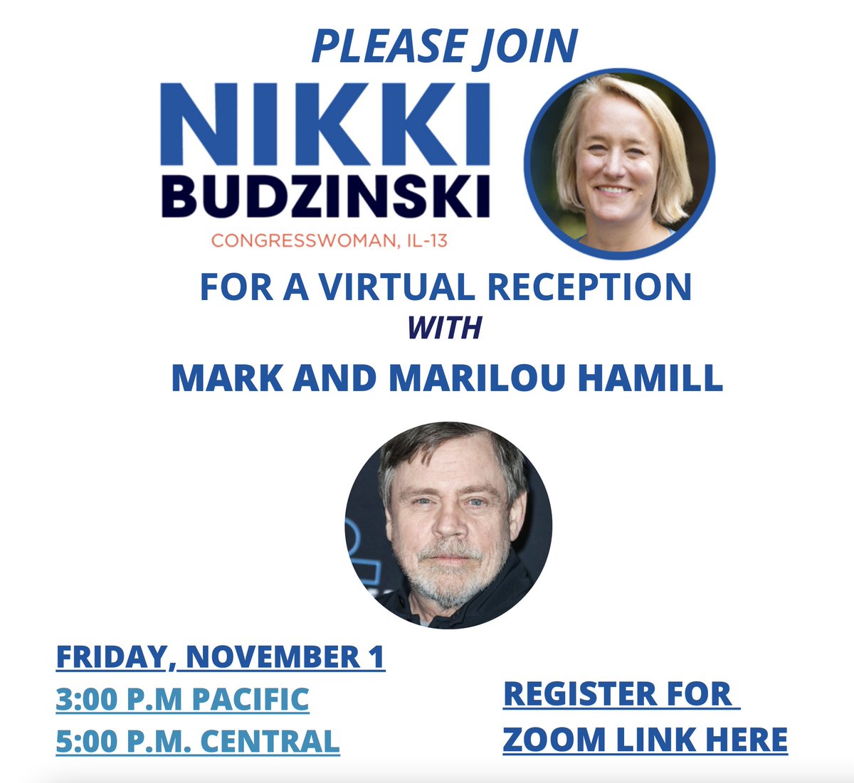 Mark Hamill (@markhamill) on Twitter photo TODAY- Zoom into our virtual reception with me, <a href="/MarilouHamill/">Marilou Hamill</a> & the wonderful <a href="/NikkiBudzinski/">Nikki Budzinski</a>-In 2022, Nikki flipped a Congressional seat from Red to Blue! The path for Democrats to retake the House runs through IL-13 and depends on our ability to re-elect Nikki!!!🇺🇸#BeThere 🙏 TODAY- Zoom into our virtual reception with me, <a href="/MarilouHamill/">Marilou Hamill</a> & the wonderful <a href="/NikkiBudzinski/">Nikki Budzinski</a>-In 2022, Nikki flipped a Congressional seat from Red to Blue! The path for Democrats to retake the House runs through IL-13 and depends on our ability to re-elect Nikki!!!🇺🇸#BeThere 🙏