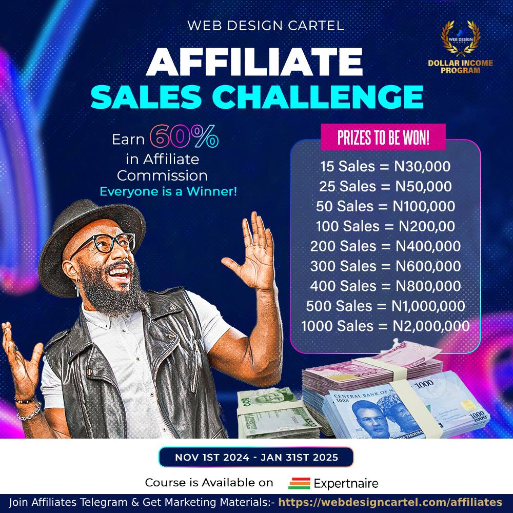 Attention <a href="/expertnaire/">Expertnaire</a> Affiliates!  Web Design Cartel Dollar Income Program Sales Challenge is Live!  Nov 1st '24 - Jan 31st '25.  Earn 60% Commission &amp; Win Big Prizes. Join the Challenge, Get Marketing Materials &amp; Join Telegram Group Here:-webdesigncartel.com/affiliates