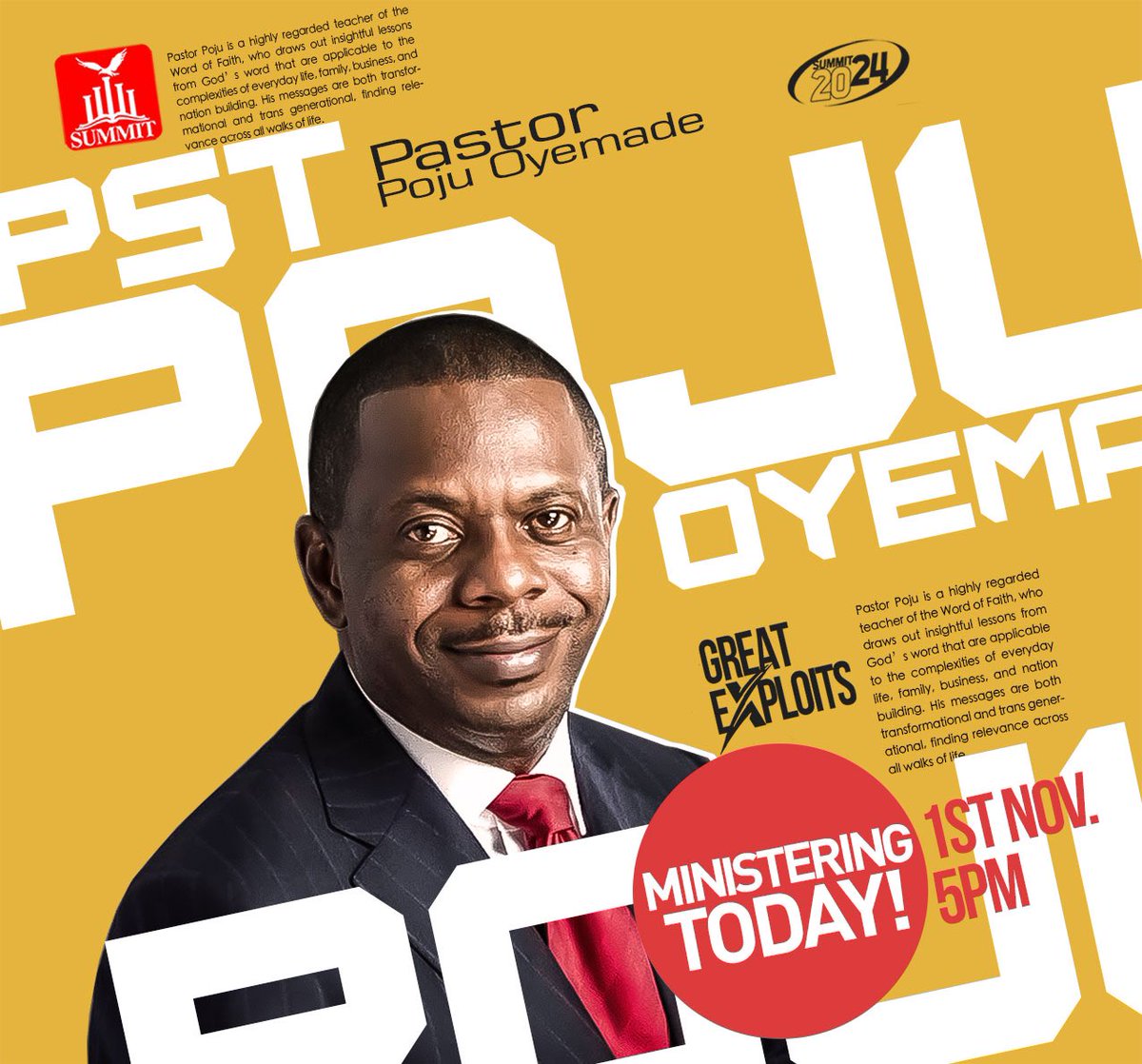 summitbchouston's tweet photo. Join us this evening for yet another powerful encounter on Day 3! Pastor Poju Oyemade, Pastor Kingsley George Adjei-Agyeman, and Minister David Dam will be ministering tonight!🔥

See you this evening at 5 PM. Come on time!🙏

#summit2024 
#greatexploits https://t.co/PRNxrGPger