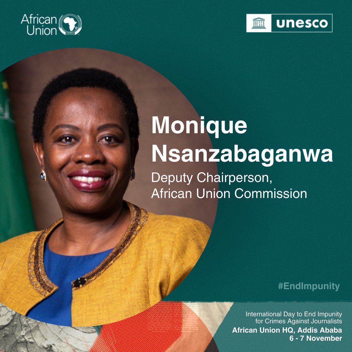 UNESCO_Addis's tweet photo. 📢 5 days to go until the Int'l Day to End Impunity for Crimes Against Journalists Global Conference!

⏰ Last day to register online! Don’t miss out: https://t.co/dwT5ib01XY
Speaker/event details: https://t.co/fmjWDyhQ65
@TawfikJelassi @USUNESCO @mnsanzabaganwa @achpr_cadhp https://t.co/agVhKdq86Q