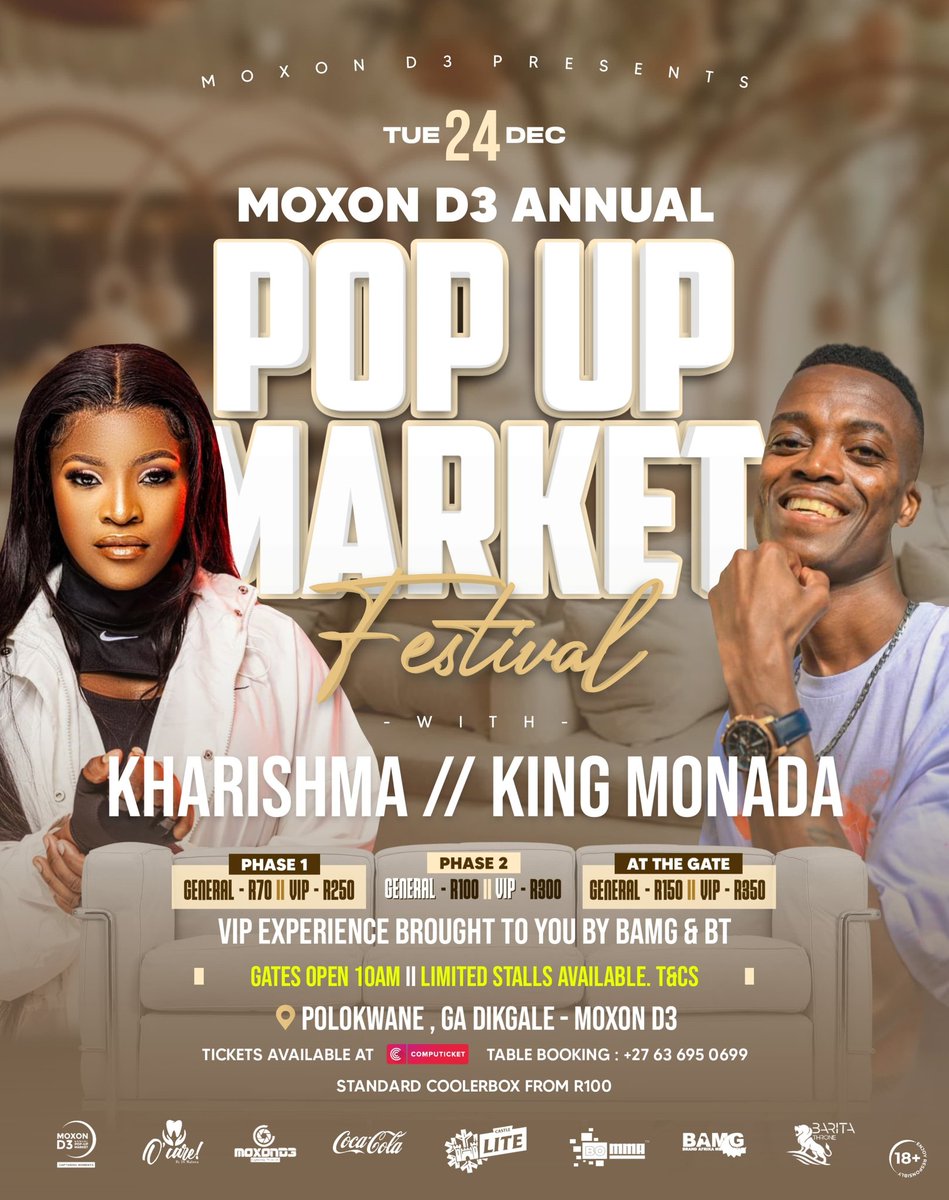 Moxon_D3's tweet photo. I know what I am doing!!!
@KingMonada
Moxon D3 Annual Pop Up Market Festival! Polokwane Ga Dikgale!

Tickets available at Computicket: 
https://t.co/S4DKVbcYYq

King Monada Kharishma Sold out Magesi Botswana Limpopo Emtee Makhadzi

#MoxonD3 #BAMG #BaritaThrone #Bomma #Ocare https://t.co/WQyyp3Pmg3