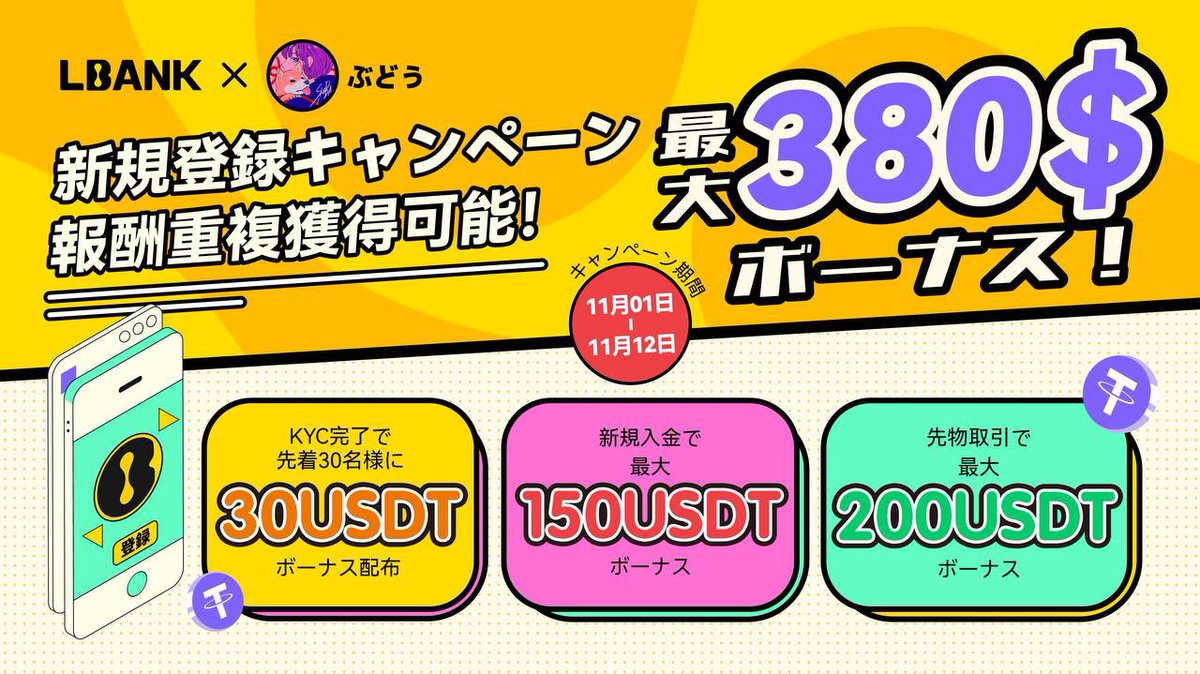 🟡#Lbank◼️ぶどう🍇
～新規登録キャンペーン～
特典がかなり美味い🉐

🎉最初に#giveaway🎉
新規登録してくれた人の中から
1名に20USDT(現物)

タスク
✅イイネ＋RT＋リプにUID
✅登録＋KYC
✅フォーム記入

まずは登録💭
lbank.com/ja/login/?icod…