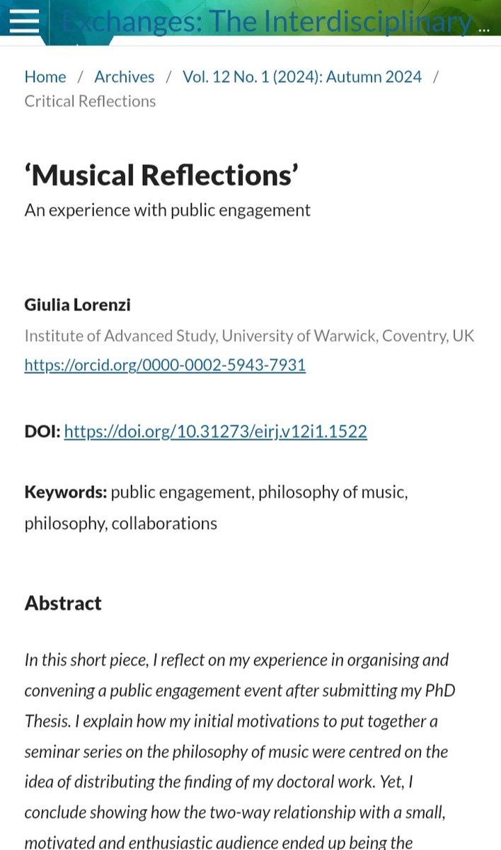 GiuliaLorenzi92's tweet image. I wrote about my experience at @warwickarts in delivery a public engagement series &quot;Musical Reflections&quot; for the new issue of @ExchangesIAS 

Take a look here exchanges.warwick.ac.uk/index.php/exch…