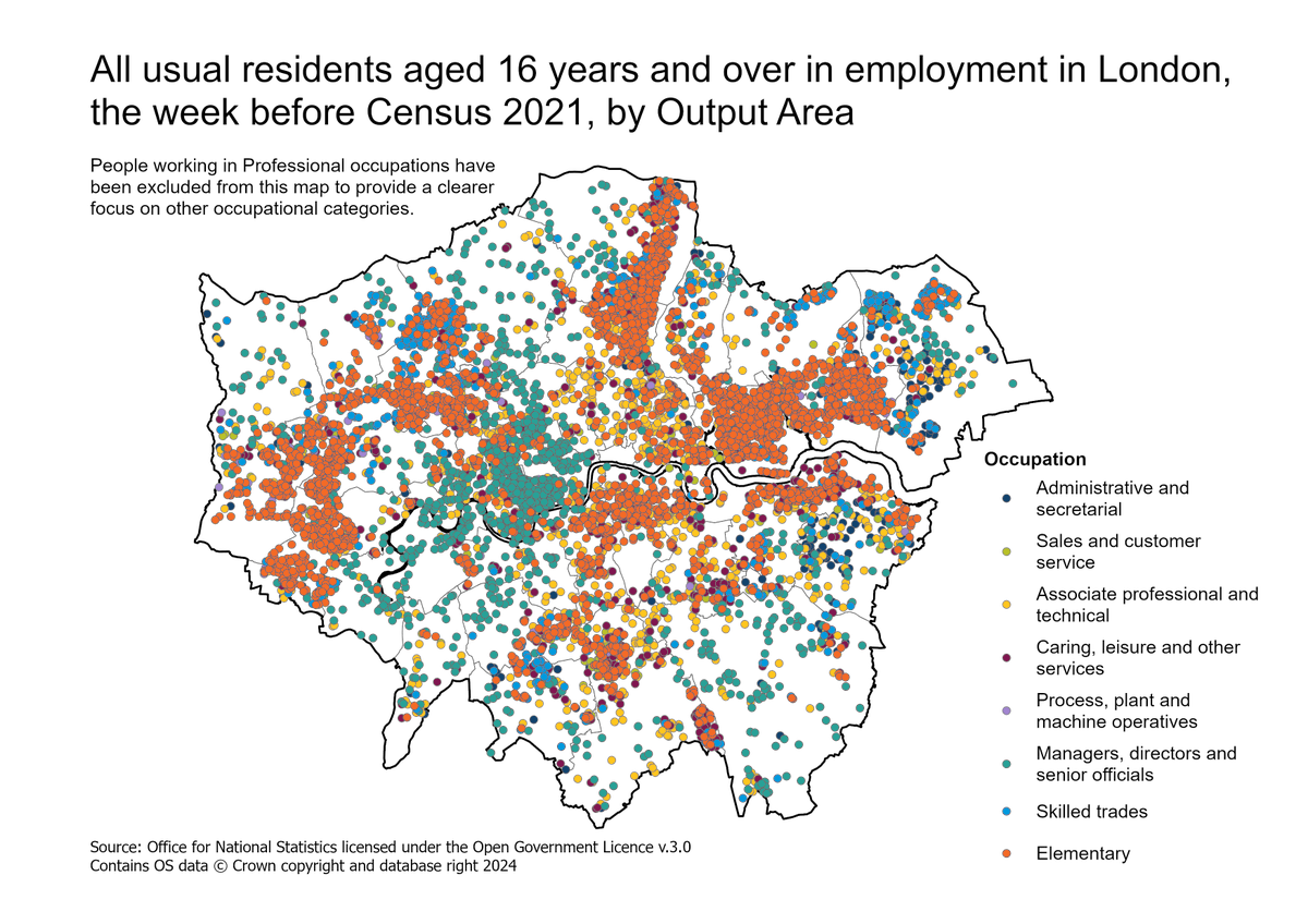 #30DayMapChallenge Day 1: Points. The occupation of residents aged 16 years and over in employment. Output Area (OA) population weighted centroids were used to represent each area, with its colour indicating the occupation that has the highest number of people in that OA.