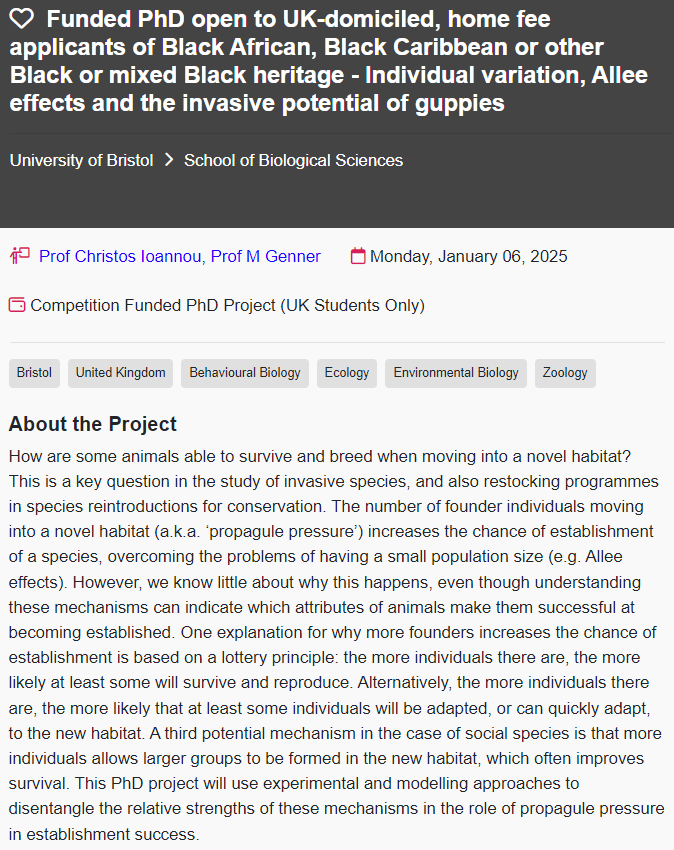 Christos Ioannou (@c_c_ioannou) on Twitter photo 📢📢 PhD with guppies in the ioannougroup.com <a href="/BristolBioSci/">University of Bristol Biological Sciences</a>! 📢📢
Excellent initiative at <a href="/BristolUni/">University of Bristol</a>: Fully funded PhDs for students of black / black mixed heritage
With <a href="/amy_e_deacon/">Amy Deacon</a> and others
Deadline 6th Jan 25
#BlackinSTEM
Please repost!
findaphd.com/phds/project/f… 📢📢 PhD with guppies in the ioannougroup.com <a href="/BristolBioSci/">University of Bristol Biological Sciences</a>! 📢📢
Excellent initiative at <a href="/BristolUni/">University of Bristol</a>: Fully funded PhDs for students of black / black mixed heritage
With <a href="/amy_e_deacon/">Amy Deacon</a> and others
Deadline 6th Jan 25
#BlackinSTEM
Please repost!
findaphd.com/phds/project/f…
