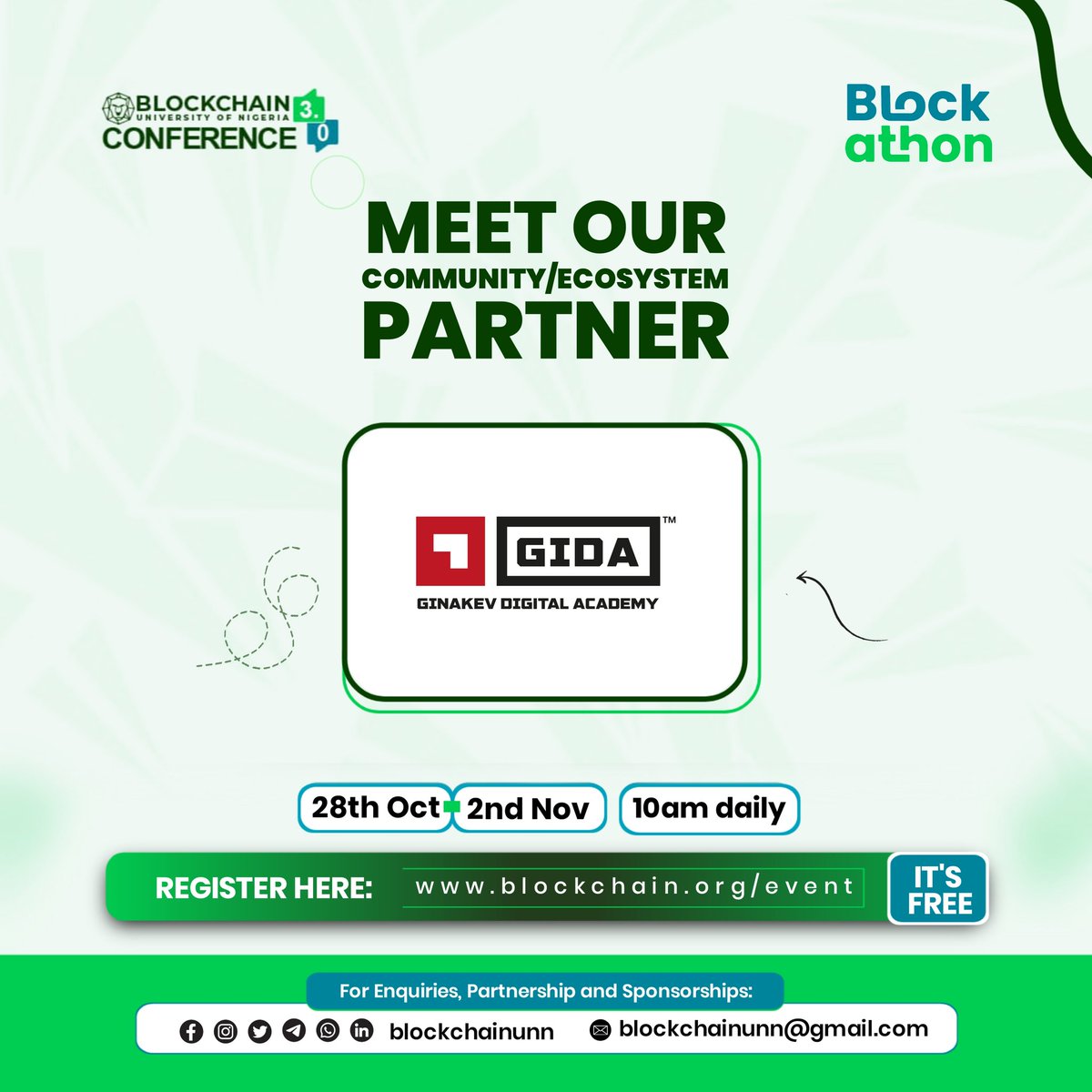 Official_GIDA's tweet photo. New month, New goals. Welcome to November frens!!!โค๏ธโค๏ธ
Joining forces with @BlockchainUNN for #Blockathon, their BlockchainUNN Conference 3.0,
@Official_GIDA is proud to be an official partner, driving innovation and blockchain solutions.
#BlockchainUNN #Hackathon #GIDA https://t.co/e4G8OHYjjV