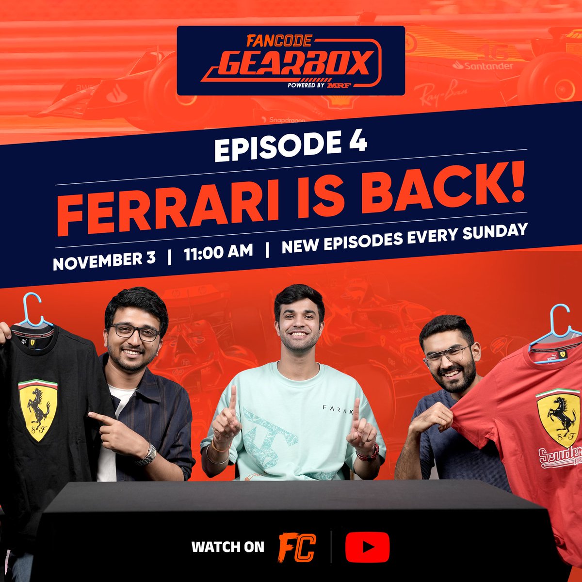 FanCode's tweet photo. All aboard the Ferrari hype train ๐
This week on #Gearbox we take a closer look at the #F1 championship ๐
Tune In for the full episode this Sunday on the #FanCode App & YouTube! ๐
#Formula1 #DTM #Motorsport #FanCodePodcast #F2 #IRF https://t.co/uYg8BbACqm