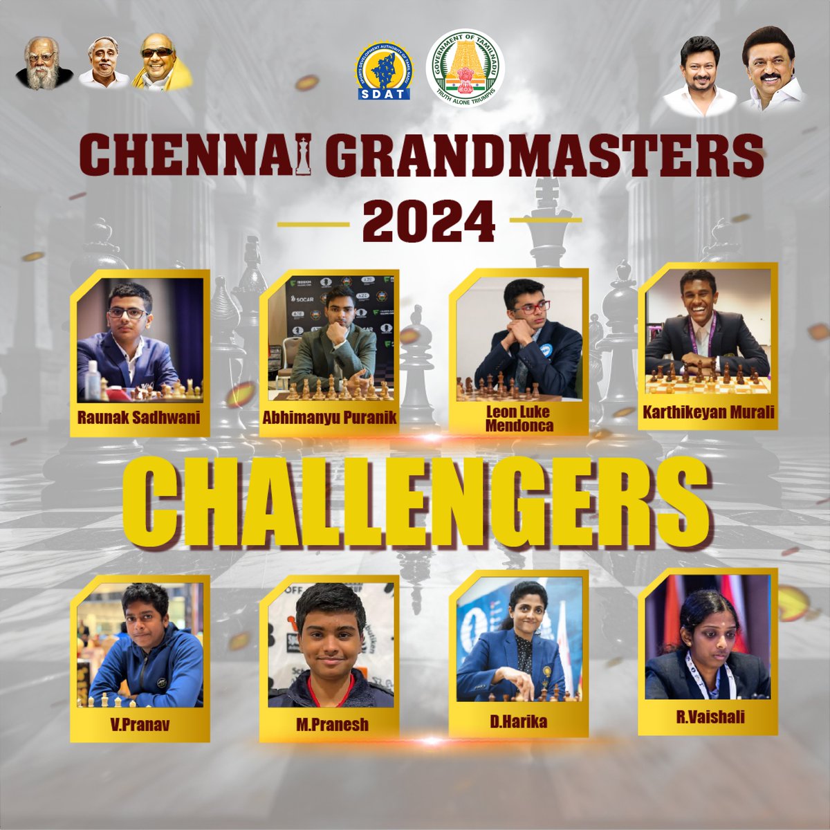 Sports Tamil Nadu (@sportstn_) on Twitter photo Introducing the challengers! These rising stars are set to take on the chessboard at Chennai Grandmasters 2024. ♟️✨
.
.
#Chennaigrandmasters #SDAT #SportsTN
<a href="/CMOTamilnadu/">CMOTamilNadu</a> <a href="/Udhaystalin/">Udhay</a> <a href="/TNDIPRNEWS/">TN DIPR</a> <a href="/ChessbaseIndia/">ChessBase India</a> <a href="/mgd1_esports/">MGD1</a> <a href="/Chennai_GM/">Quantbox Chennai Grand Masters</a> Introducing the challengers! These rising stars are set to take on the chessboard at Chennai Grandmasters 2024. ♟️✨
.
.
#Chennaigrandmasters #SDAT #SportsTN
<a href="/CMOTamilnadu/">CMOTamilNadu</a> <a href="/Udhaystalin/">Udhay</a> <a href="/TNDIPRNEWS/">TN DIPR</a> <a href="/ChessbaseIndia/">ChessBase India</a> <a href="/mgd1_esports/">MGD1</a> <a href="/Chennai_GM/">Quantbox Chennai Grand Masters</a>