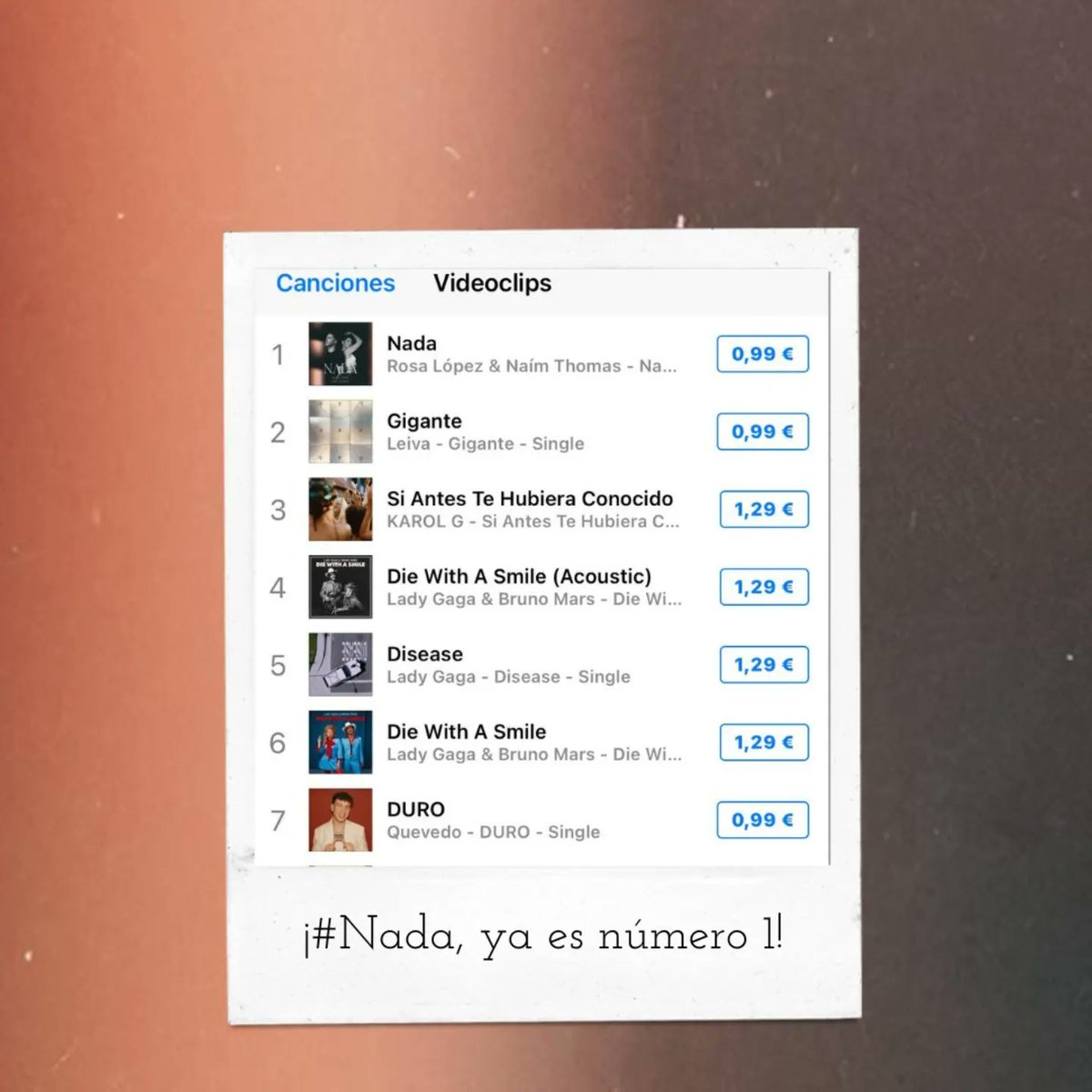 NOTICIÓN 🌟 "NADA" de Rosa López y Naim Thomas ya ha alcanzado el número 1 en iTunes 🎉. 

Después de todo el esfuerzo y cariño que ambos han puesto en este tema, ¡el éxito está siendo rotundo! 🔥✨ Ahora queremos saber, ¿qué os ha parecido a vosotros? ❤️🎶