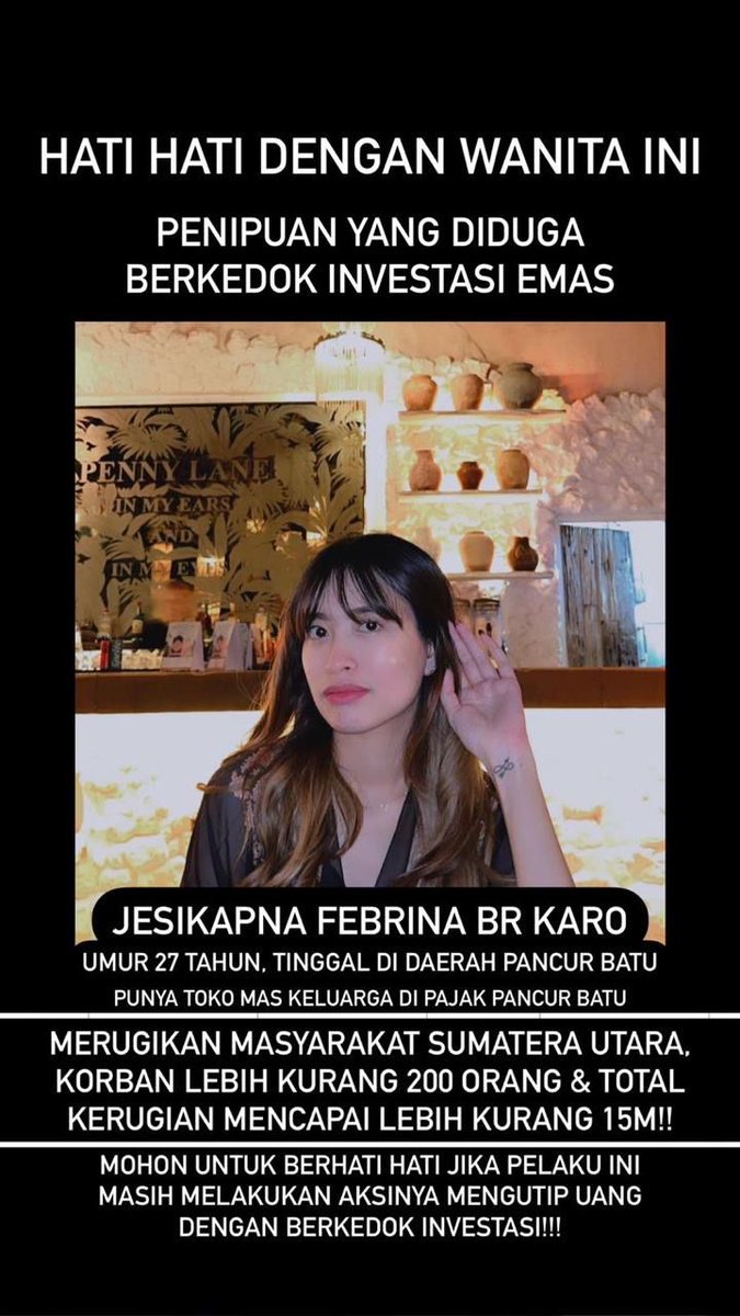 TWITTER PLEASE DO YOUR MAGIC‼️

Aku gtw hrs mulai drmn, krn ini makhluk bkn manusia, tp emg titisan dajjal. 

Emg bnr2 kerak neraka. Dia sanggup menipu hingga 200 org dikota Medan dgn kasus pemalsuan emas, investasi bodong dan lain2. Total kerugian member  hingga 15M++

a thread