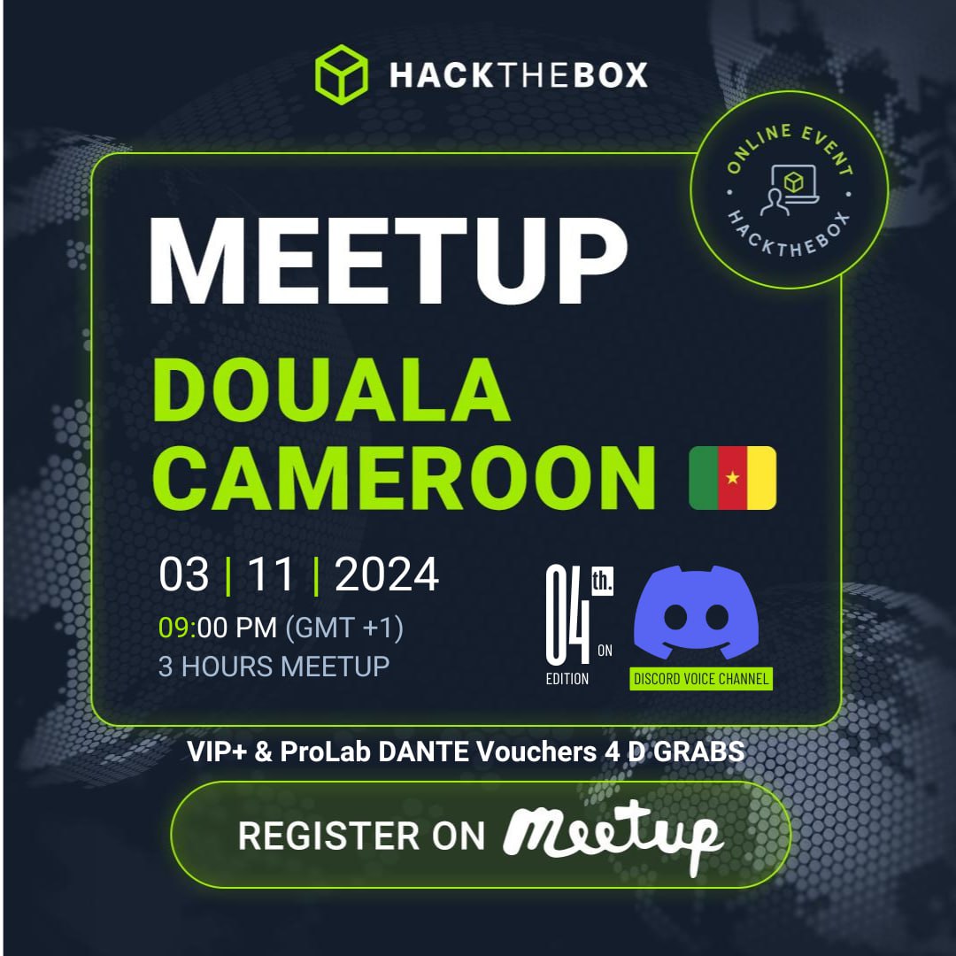 hackthebox_cm's tweet photo. Join us for an exclusive Hack The Box Cameroon Meetup with a twist of the challenge weekend.

𝐃𝐚𝐭𝐞 : 3rd November 2024
𝐓𝐢𝐦𝐞 : 9 PM WAST
𝐋𝐨𝐜𝐚𝐭𝐢𝐨𝐧: Online.

𝐑𝐒𝐕𝐏 : https://t.co/Ef1YBxGU8X
𝐂𝐡𝐚𝐥𝐥𝐞𝐧𝐠𝐞 : https://t.co/Iz4aL5Ba2E

See you Sunday 🔥 #Hacking https://t.co/ZCF44uJz77