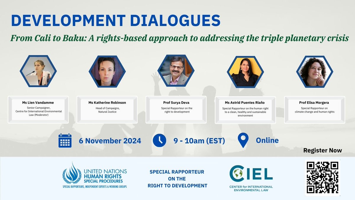 UN Special Rapporteur on the Right to Development (@unsrdevelopment) on Twitter photo As part of #DevelopmentDialogues, I am co-organising with <a href="/ciel_tweets/">Center for International Environmental Law</a> a virtual event on 6 Nov 2024 (9-10am EST) to discuss interlinkages between biodiversity, climate change, development & environment. #COP16 #COP29
Register here to join discussion: forms.office.com/e/c8Aq7XYUV8 As part of #DevelopmentDialogues, I am co-organising with <a href="/ciel_tweets/">Center for International Environmental Law</a> a virtual event on 6 Nov 2024 (9-10am EST) to discuss interlinkages between biodiversity, climate change, development & environment. #COP16 #COP29
Register here to join discussion: forms.office.com/e/c8Aq7XYUV8