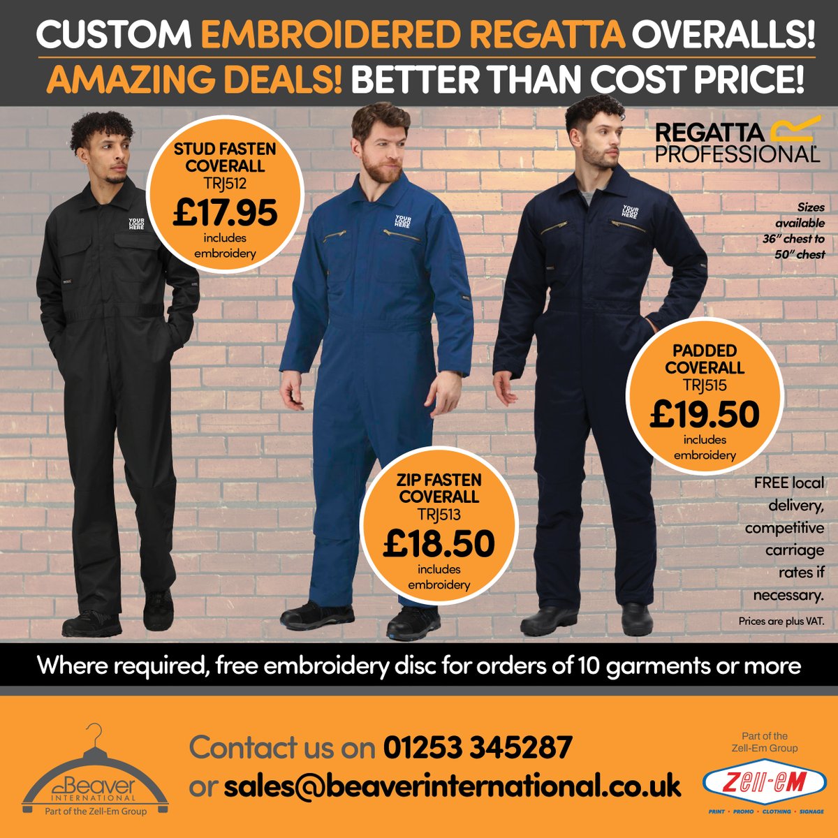 ZellEmGroup's tweet photo. Fantastic Regatta Overalls offer! While stocks last! 3 levels of coveralls. Price includes embroidery. 01253 345287 or email sales@beaverinternational.co.uk to order #regatta #coveralls #overalls #embroidery #lancashire #blackpool #lythamstannes #preston https://t.co/pnIqdeHwK1 https://t.co/2gwkXJ2N6z