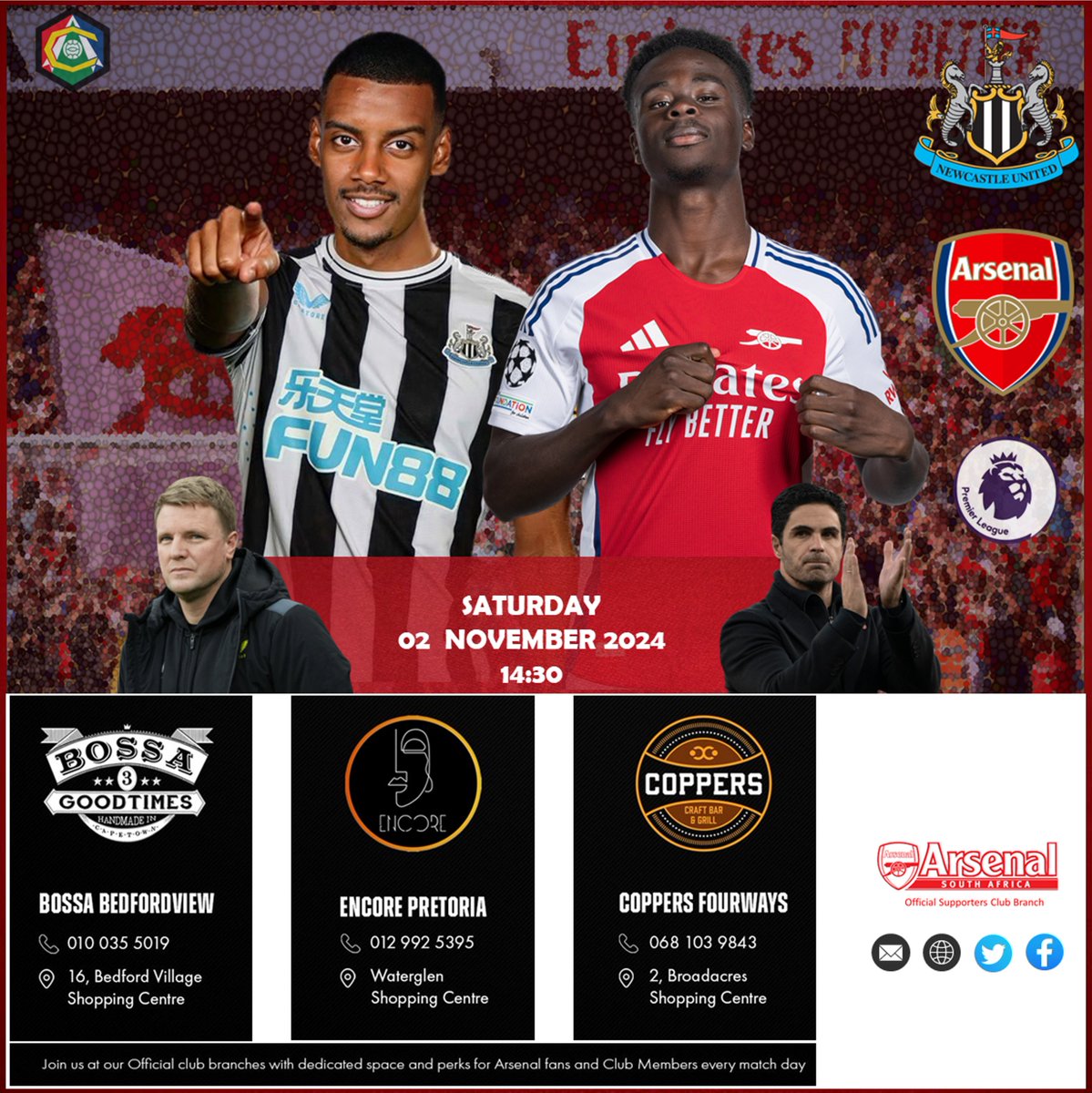 ArsenalSA's tweet photo. Next up.We make our way to Newcastle for a early kick off on Saturday 

Don't forget to catch the game at the following
Arsenal South Africa official branches to show support for the
Arsenal

Coppers Craft Bar and Grill
Bossa Bedfordview
Encore.Menlyn

#coyg #arsenal #arsenalsa https://t.co/LQmfi11OpJ