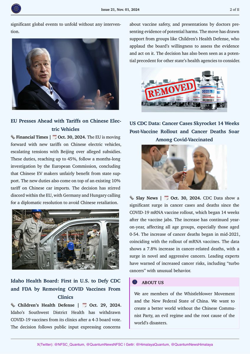 QuantumNewsNFSC's tweet photo. ⏰ · “ ⏰ · 【 QUANTUM FLASH ⚡ 】 · 🌐 ⚡ ☎️ ”
Issue 21 🖍️  #QuantumFlash （ Nov. 01, 2024 ）💪🏻 💪🏻 🎙️

💻🔒🚨🌐 #CCPHackers #CyberAttack

🇺🇸🇨🇳👤💼❓#CCPInfluence

🌍⚠️🔥💥🌐 #WorldWarIII

🚗🇪🇺💶📉📈 #EUTariffs #TradeWar

💉🚫🇺🇸⚕️ #COVIDVaccines

📊📈💔👩‍⚕️💉  #CDCData #CancerCases https://t.co/s2yv2bkK21