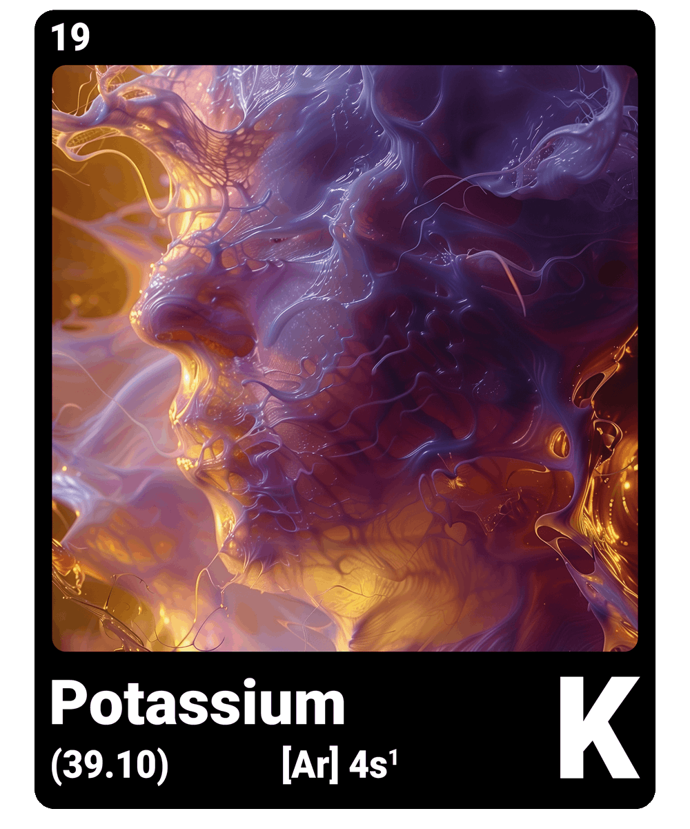 br_AI_king's tweet image. This is what it looks like when AI gives the chemical element #potassium a face - find all #ChemicalElement in the bio #ScienceArt