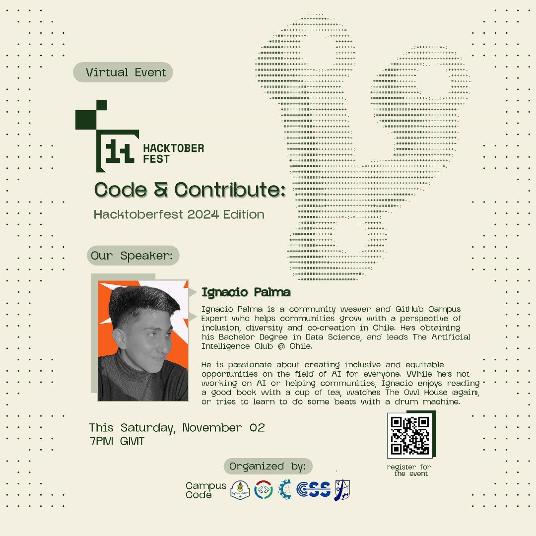 CodeContribute's tweet image. 🚀 Join us for Code & Contribute! 🎉 Nov 2, 7-9 PM GMT.
🌐 Dive into open source, learn Git & GitHub, and connect with like-minded devs!
Speaker: Ignacio Palma,GitHub Campus Expert from Chile.
Register: lu.ma/5xiodc1m
#Hacktoberfest #OpenSource