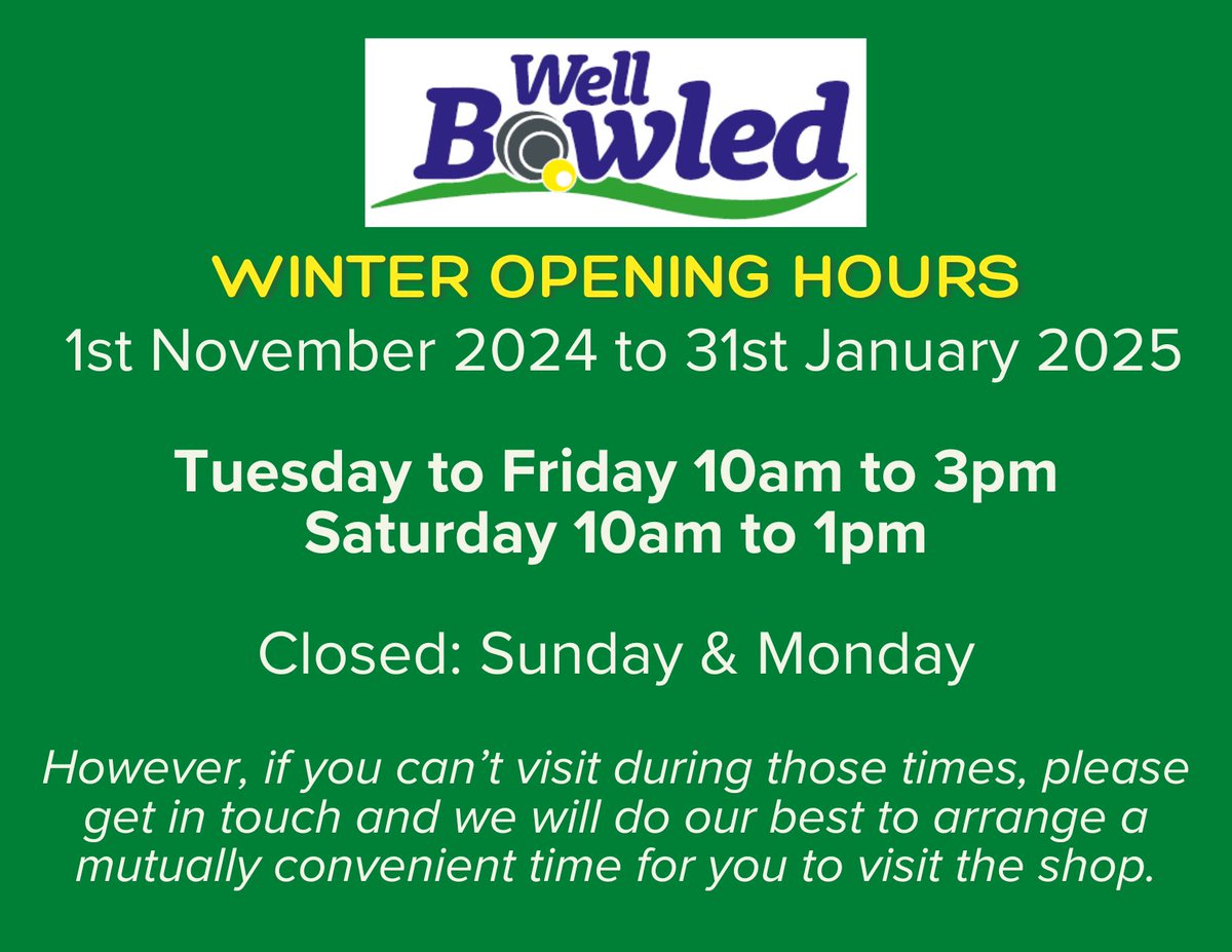 Please find our winter opening hours below.

However, if you can’t visit during those times, please get in touch and we will do our very best to arrange a mutually convenient time for you to visit the shop.