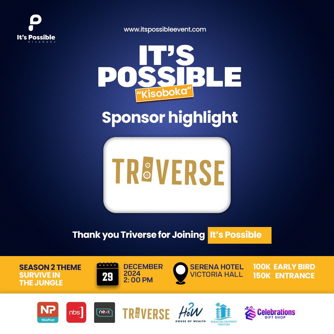 ItsPossible_evt's tweet photo. Weโre thrilled to welcome our newest sponsor, Triverse, onboard for the Itโs Possible Event!
With their support, weโre bringing you an unforgettable experience on December 29th at Serena Hotel.
#itspossibleevent #Triverse #DreamBig https://t.co/kllhNapcMc
