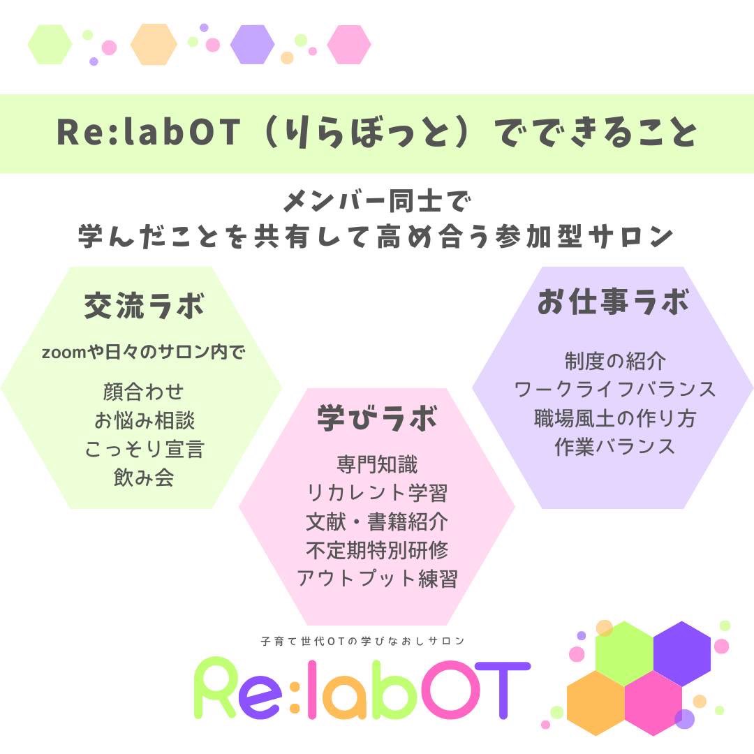 relabot's tweet photo. 【拡散大歓迎！】
子育て世代OTの学び直しサロン『Re:labOT(りらぼっと)』を開設いたしました！！🎉
「家庭・仕事・学び」を両立・継続することをサポートするため、さまざまなラボによるメンバー参加型サロンです🎶
一緒に学び合いませんか？ご参加お待ちしてます🙌
#RelabOT
 #りらぼっと https://t.co/yi4RapkaZw