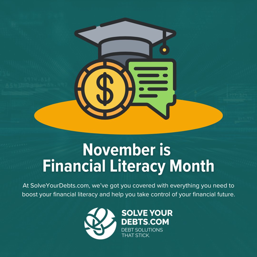 SolveYourDebts's tweet image. November is Financial Literacy Month and it&apos;s the perfect time to check in on your finances and take control of your financial future. Whether you&apos;re looking to create a budget, manage debt, or plan for the future, we&apos;re here to help! #FLM2024