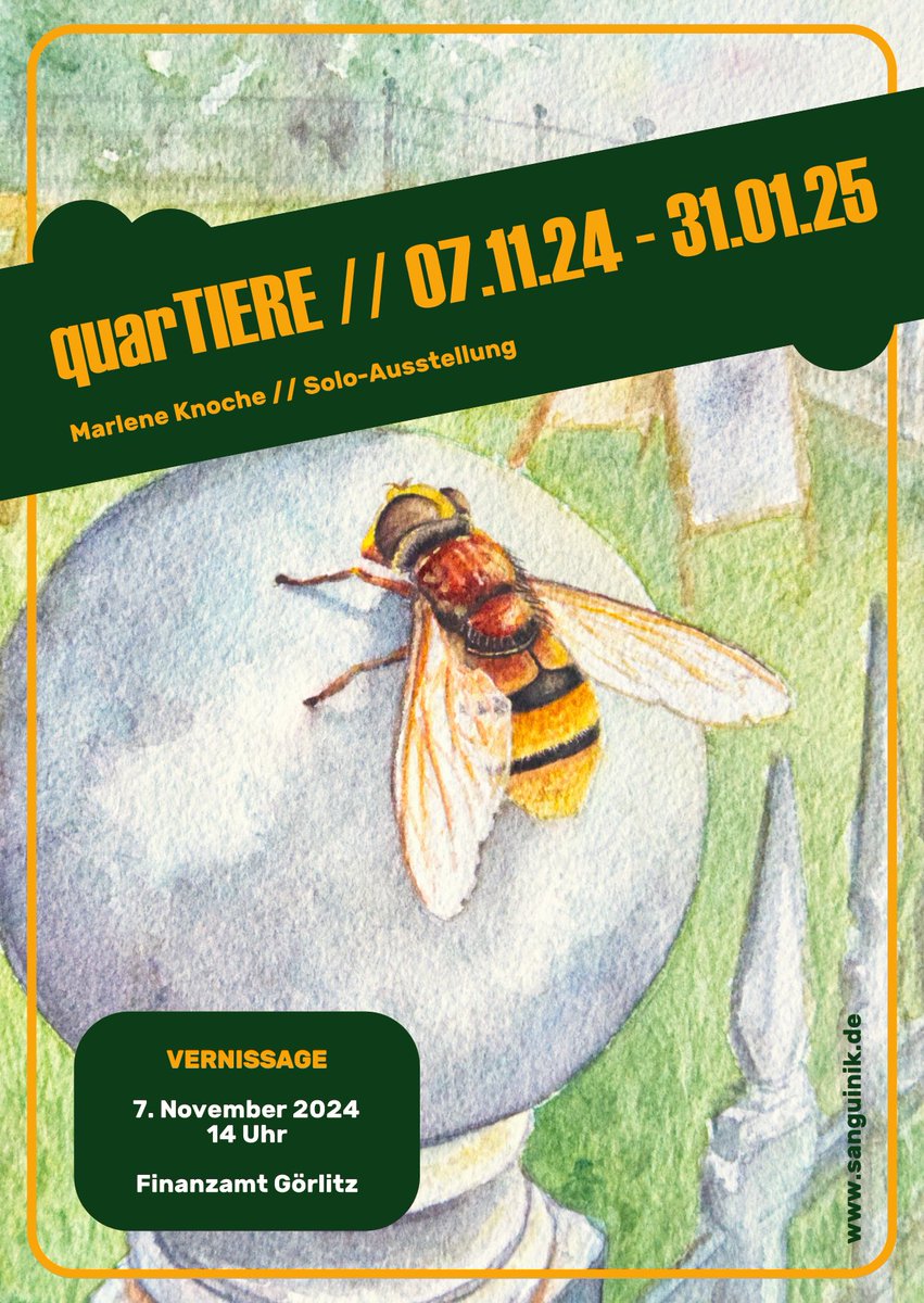 Herzliche Einladung zur Ausstellungseröffnung! 

"quarTIERE" ab 7. November 2024 im Finanzamt in #Görlitz! #Vernissage 14 Uhr!

Mehr Infos dazu gibt's auf meiner Website: sanguinik.de/2024/11/01/aus…