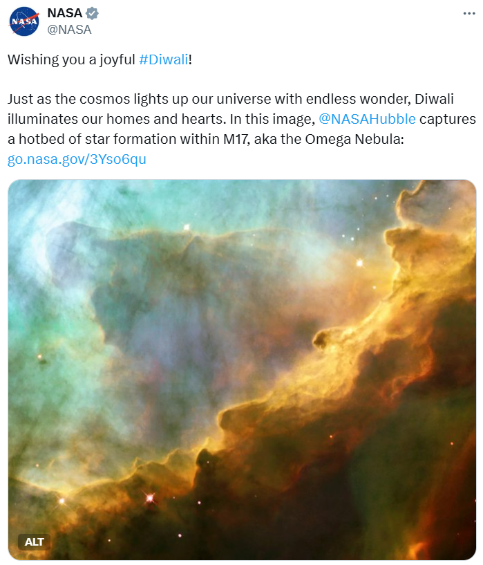 DeccanChronicle's tweet photo. "Wishing you a joyful #Diwali! Just as the cosmos lights up our universe with endless wonder, Diwali illuminates our homes and hearts. In this image,
#NASAHubble
captures a hotbed of star formation within M17, aka the Omega Nebula," posts #NASA https://t.co/NizKoHJlLD