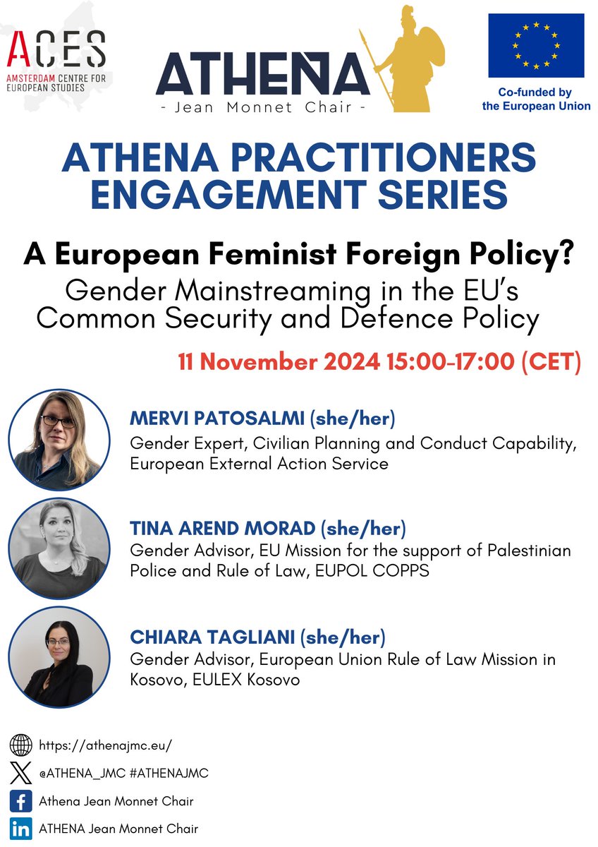 ACES - Amsterdam Centre for European Studies (@aces_for) on Twitter photo ACES is delighted to partner again with <a href="/ATHENA_JMC/">ATHENA Jean Monnet Chair</a> and Dr. <a href="/BourisDimitris/">Dimitris Bouris</a> for the upcoming ATHENA Practitioners Engagement Series. Join us on 11 November to discuss gender mainstreaming in the EU’s Common Security and Defence Policy.
Register 🔗
tinyurl.com/3waa7zkn ACES is delighted to partner again with <a href="/ATHENA_JMC/">ATHENA Jean Monnet Chair</a> and Dr. <a href="/BourisDimitris/">Dimitris Bouris</a> for the upcoming ATHENA Practitioners Engagement Series. Join us on 11 November to discuss gender mainstreaming in the EU’s Common Security and Defence Policy.
Register 🔗
tinyurl.com/3waa7zkn