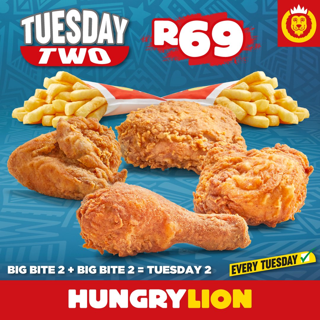 hungrylion's tweet photo. ✨Twice as Tasty Tuesday!✨  

Get 2 Big Bite2’s for R69 every Tuesday! 🍗🍟  

Double the bites, double the fun. Who’s in?

#TwiceAsTasty #HungryLion #TuesdayTwo https://t.co/LgafODS85N