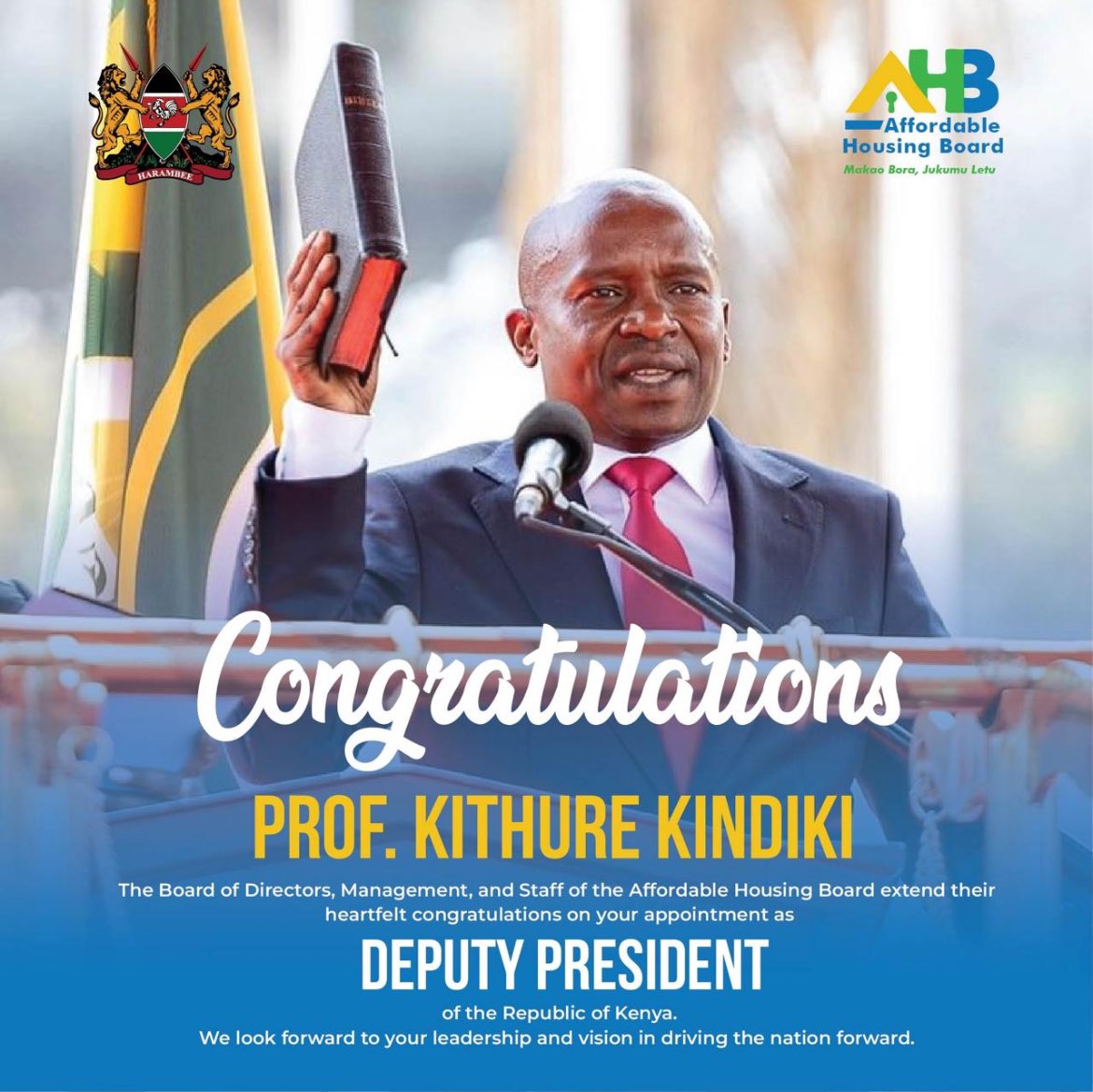 Heartfelt congratulations to Professor Kithure Kindiki on his appointment as Deputy President of the Republic of Kenya! 
This is a significant achievement, and as the Affordable Housing Board, we wish him success as he takes on the responsibilities of this important role. 
May he