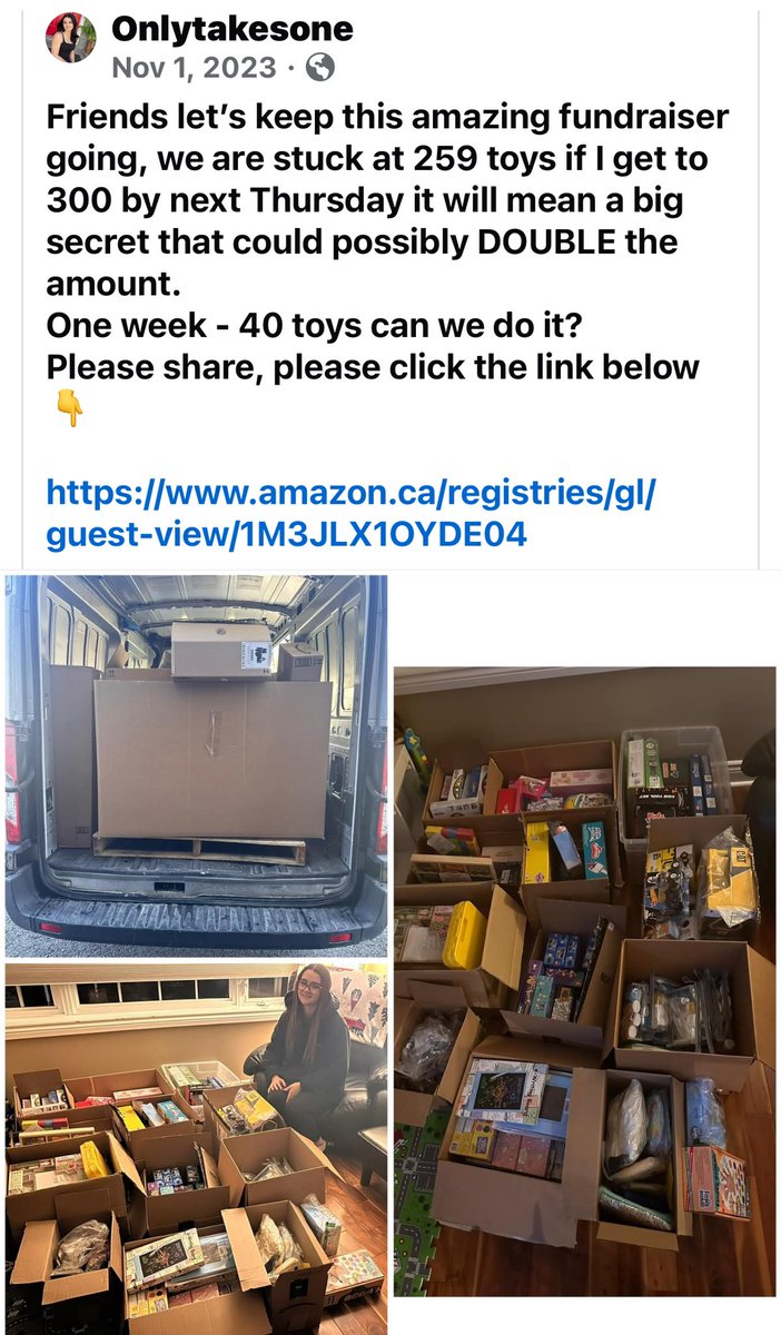 Happy November 1st friends.

This time last year I was at 259 toys, currently I am at 221 who’s going to help me.
I really want to hit 600 but I don’t know if that will happen by the end of November. I will give it my best for the kids at Cheo tho.

amazon.ca/registries/gl/…