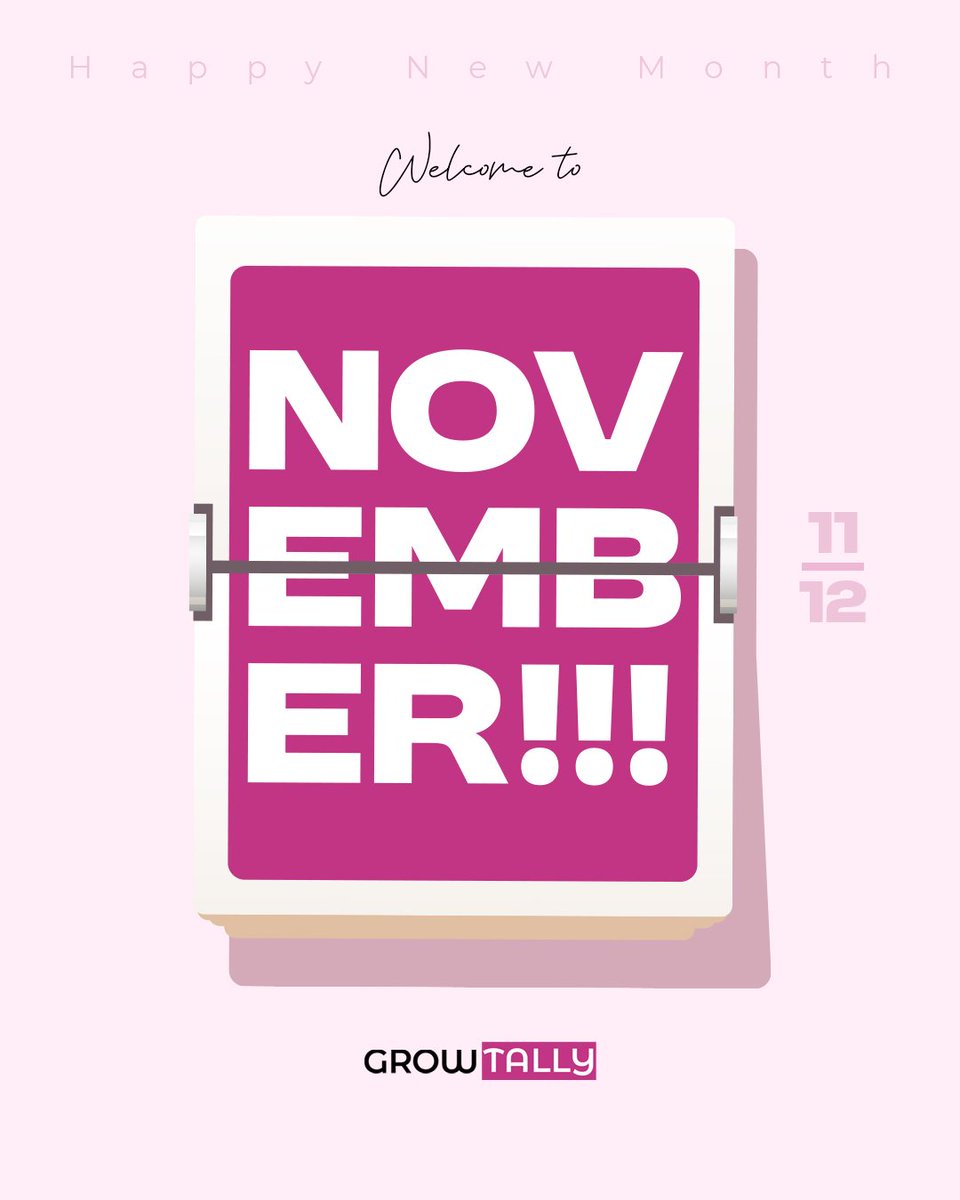 growtally's tweet photo. Welcome to November! 🤗🤗🤗
Cheers to a fresh month filled with endless possibilities and opportunities. May this month bring you closer to your goals and fill your path with success and growth. Let's make it count! 🥂
#growtally #socialmediamanagement #socialmedia #happynewmonth https://t.co/lquySrrGFH