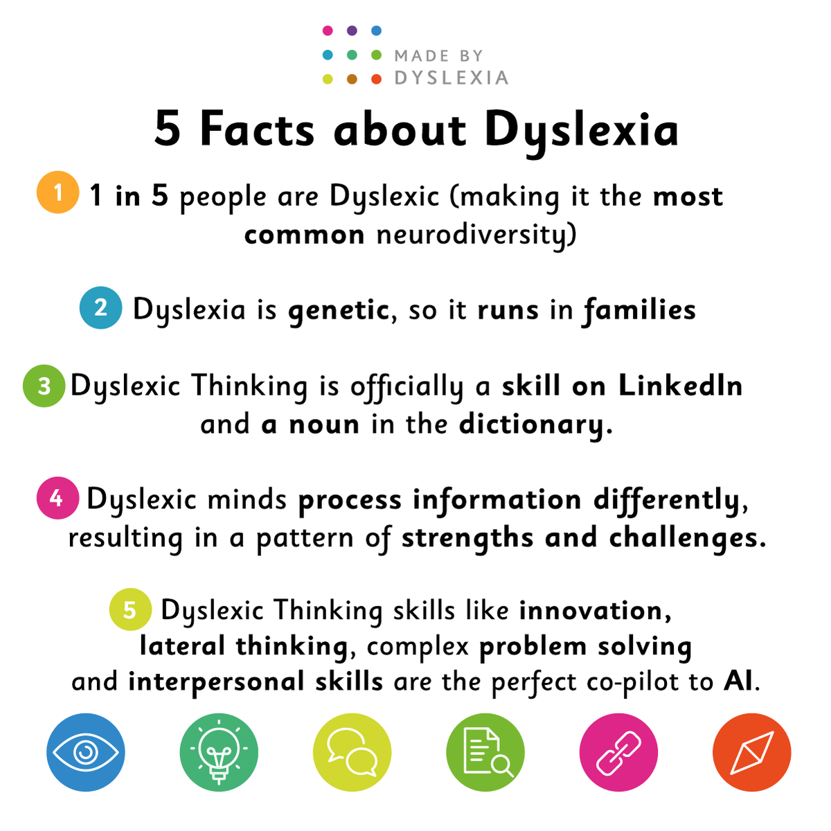 MadeByDyslexia's tweet photo. 🤔 What is dyslexia?

Get the lowdown with our 5️⃣ facts about dyslexia.

And find more free resources and ways to empower your Dyslexic Thinking at ➡️ https://t.co/qSfaFvsCgH https://t.co/jvOvIncVwn