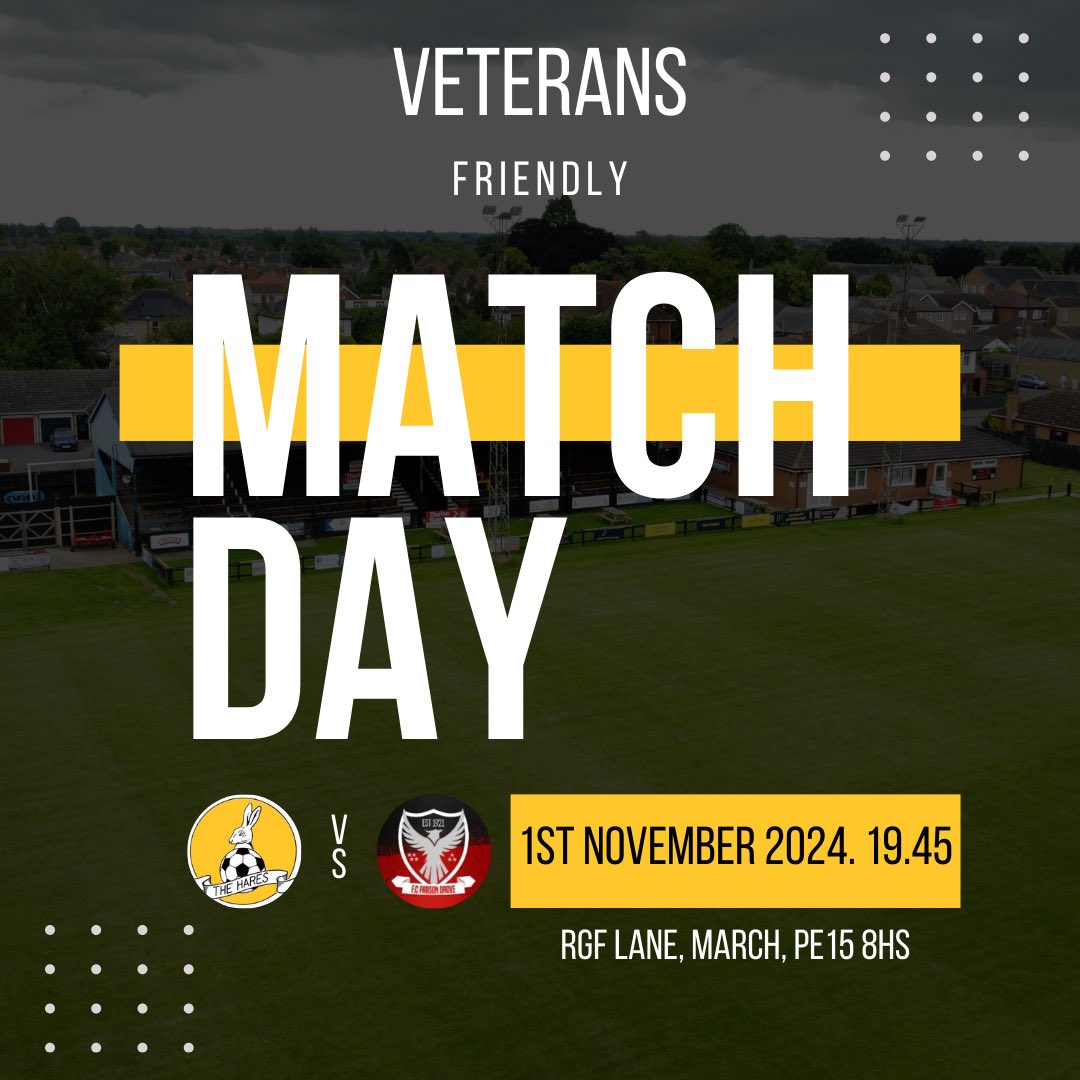 ⚽️🔶🔶⚽️ MATCH DAY ⚽️🔶🔶⚽️
Tonight our Vets team take on <a href="/c_drove/">F.C Parson Drove</a> vets at RGF Lane.
Come on down and start your weekend with a bit of Friday night football.
#upthehares