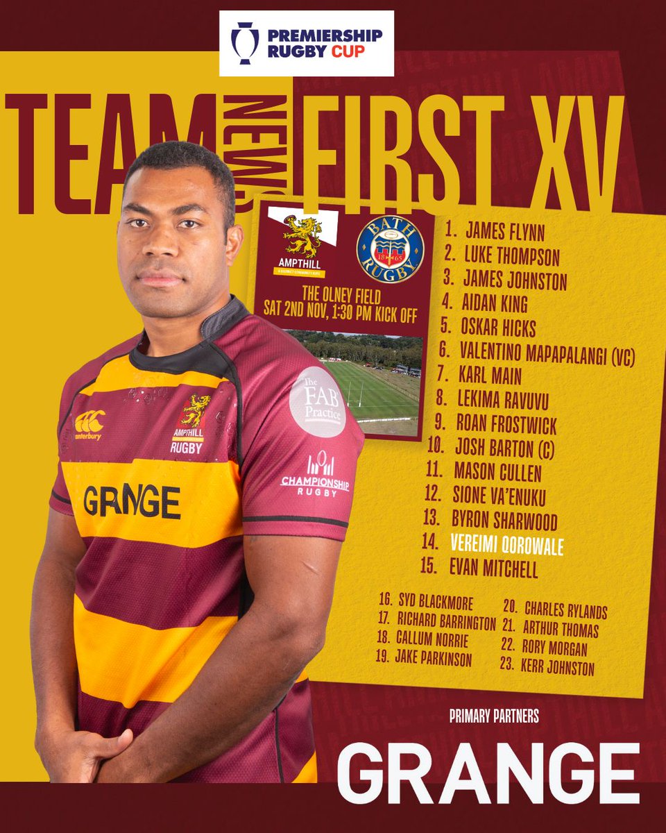 AmpthillRufc's tweet photo. 𝕋𝕖𝕒𝕞 ℕ𝕖𝕨𝕤

All eyes on the cup as Paul Turner names his team to face the Premiership leaders

🏆 @premrugby Cup 
🆚 @BathRugby 
📅 Sat 1st Nov 
⏰ 1:30pm 
🎟️ https://t.co/ZlrNH1ggOI

🗞️ https://t.co/wpg8tFtdY8 https://t.co/sqsGD9DvN6