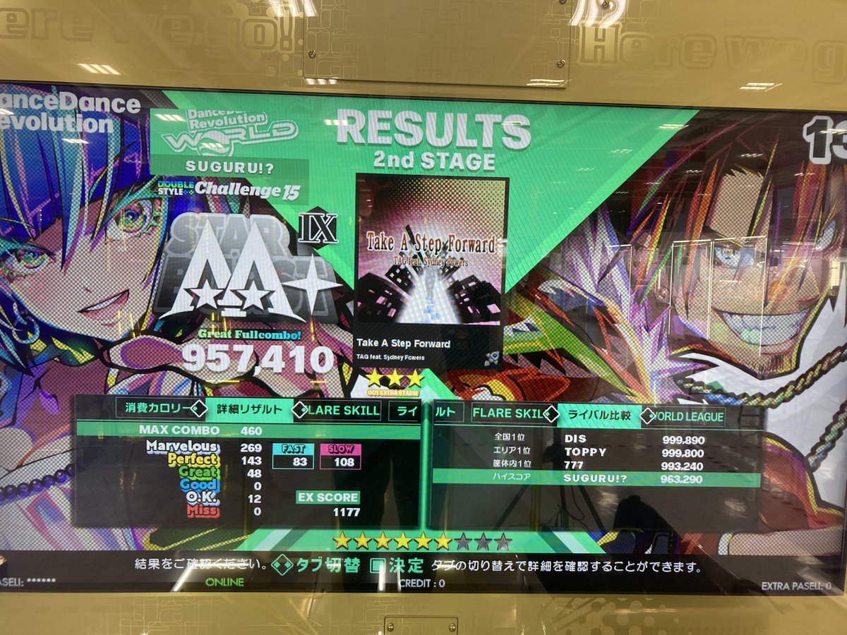 dropout260's tweet photo. 今日はフレアゲージ集め。

フレア9の足15。自分はここが限界！

フレア3あたりでチャレンジしてから、
連続でプレイすると狙いやすいです。

#DDR
#DDR_DP https://t.co/ndH57nyyAF