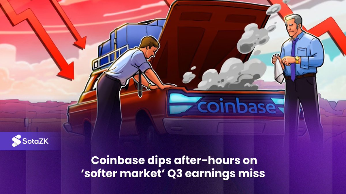 sotazkp's tweet photo. Coinbase Global Inc (COIN) shares dropped 5.2% in after-hours trading as its third-quarter earnings and revenue came in under Wall Street estimates, with the crypto exchange blaming “softer market conditions.” https://t.co/DfQzhb2pEm