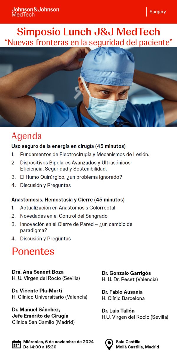 aecirujanos's tweet photo. Hoy tiene lugar en #CNC2024 el simposio-comida de @JNJMedTech España sobre nuevas fronteras en la seguridad del paciente. ¡Plazas limitadas, reserva la tuya!

📅06/11 - Sala Castilla
🕔14h
 
👉Regístrate aquí: https://t.co/y6m7QCDYwv https://t.co/awhgROoUmO